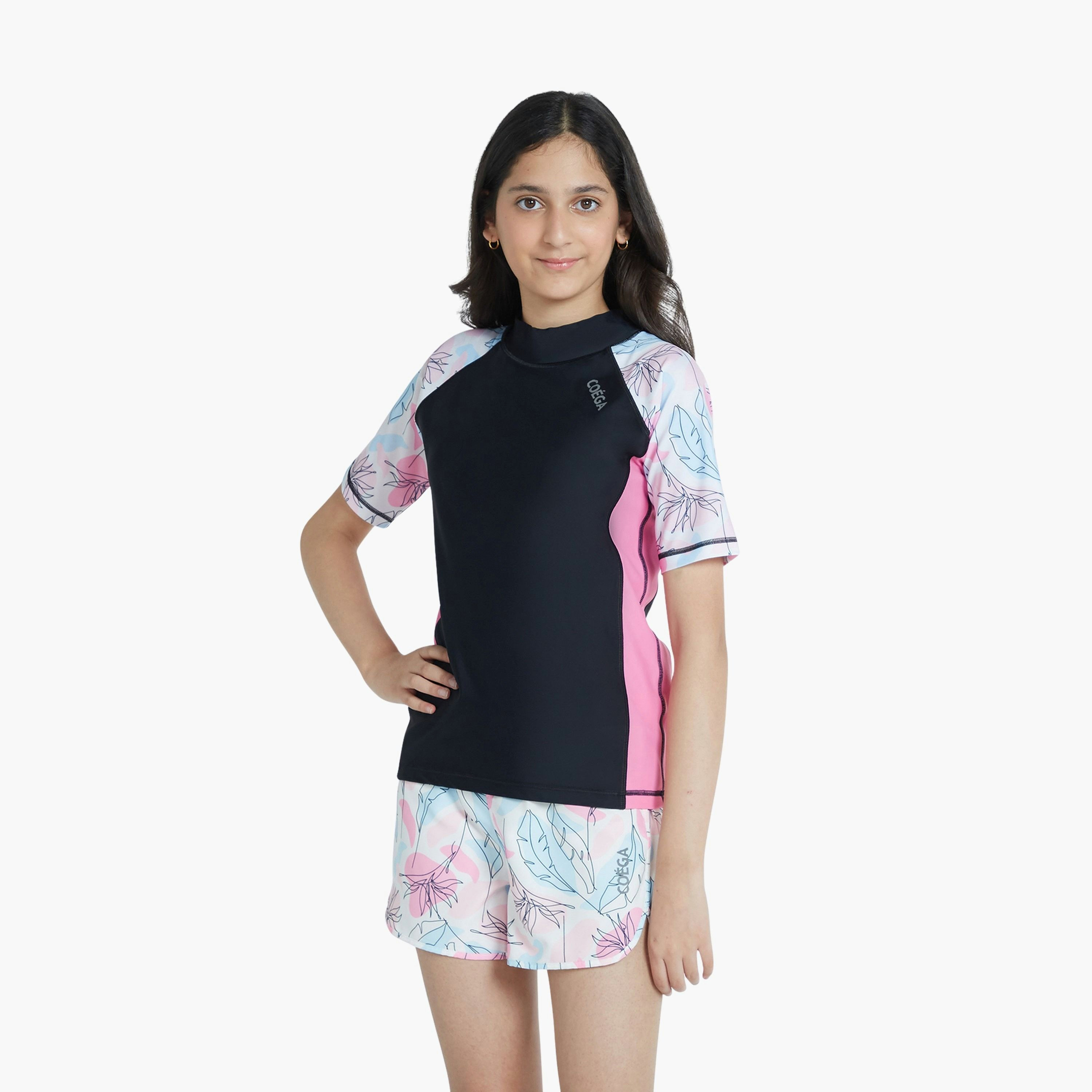 Coega Girls Short Sleeve Rashguard – Nero Floral Drawings-sports-girls-clothing-swimwear-image-1