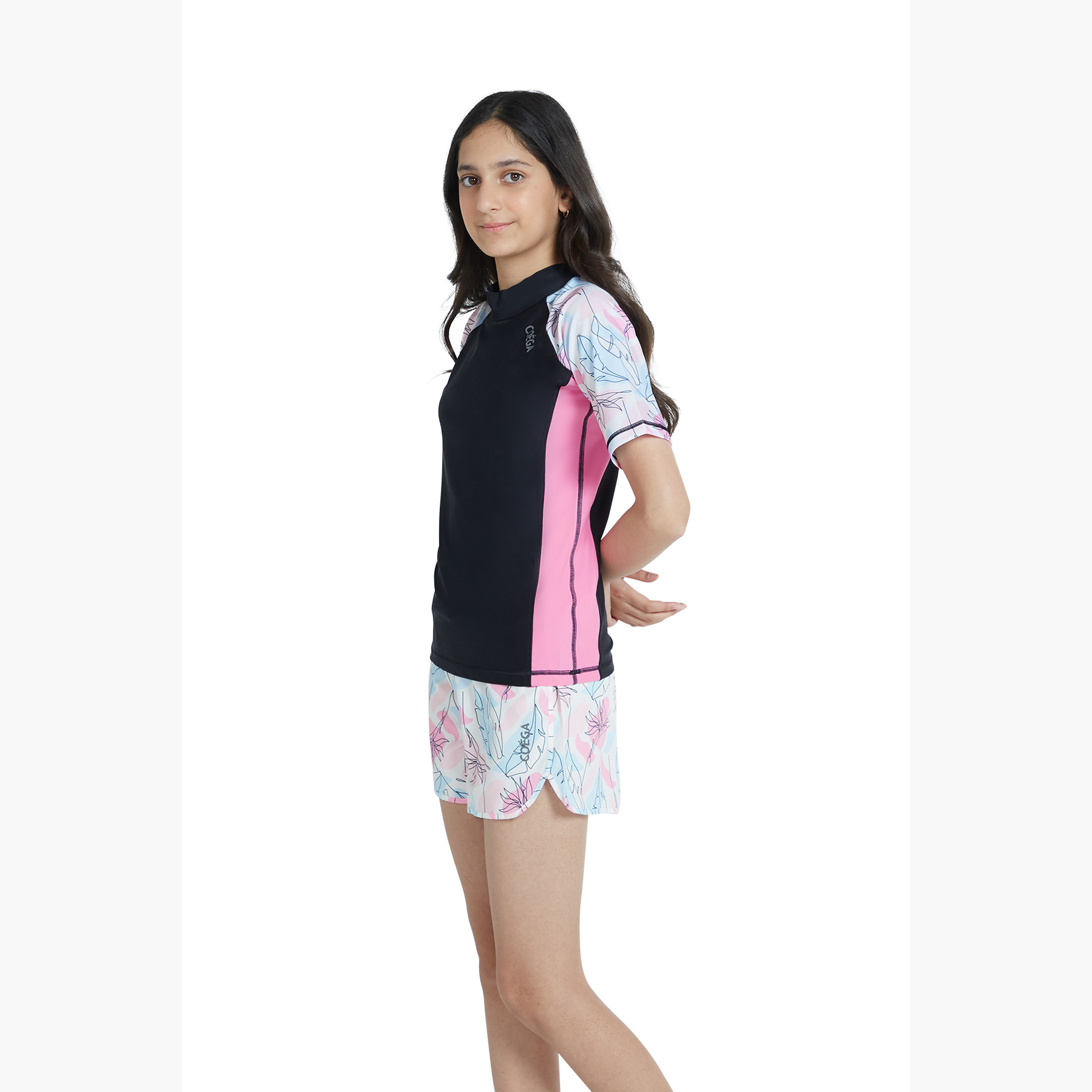 Coega Girls Short Sleeve Rashguard – Nero Floral Drawings-sports-girls-clothing-swimwear-image-2