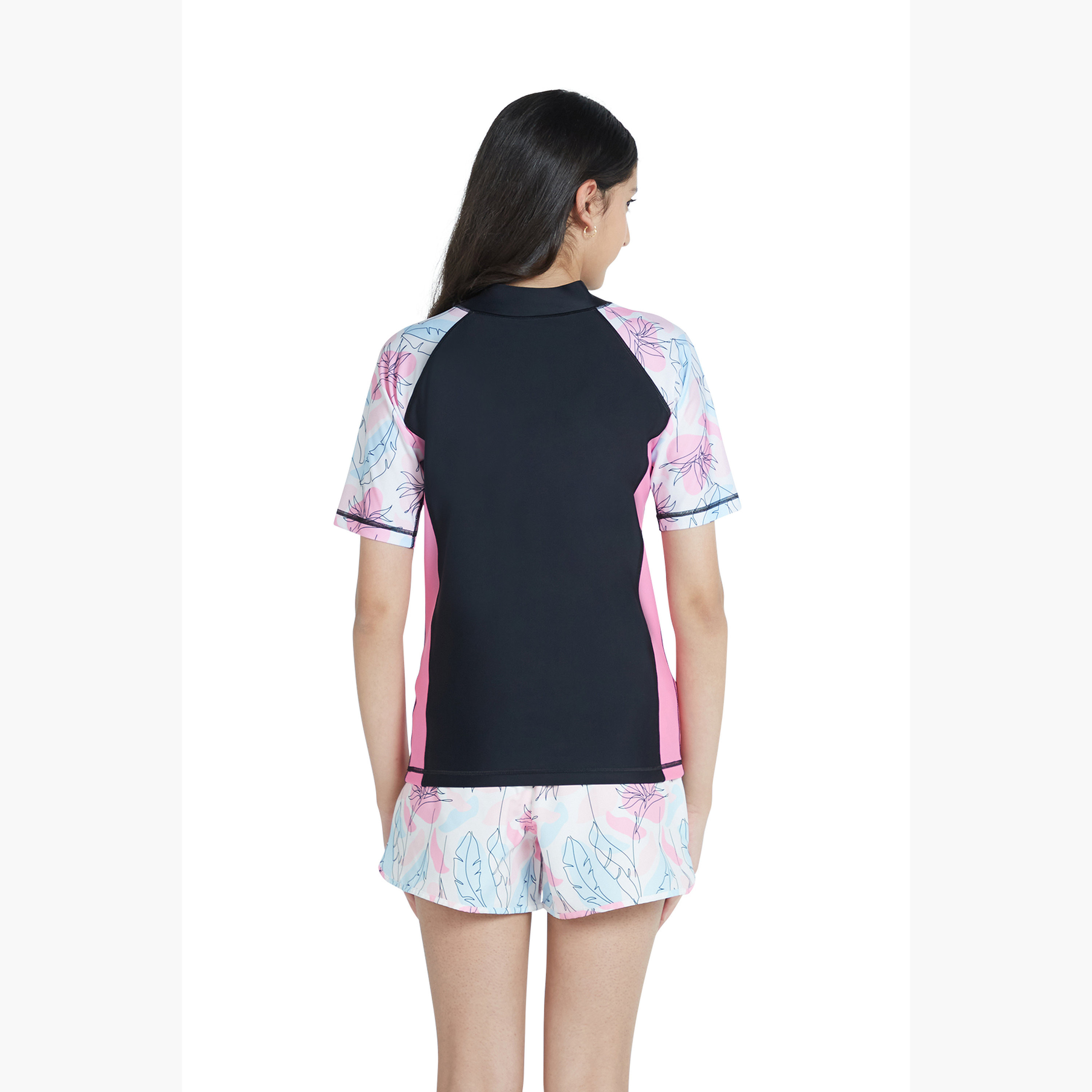 Coega Girls Short Sleeve Rashguard – Nero Floral Drawings-sports-girls-clothing-swimwear-image-3