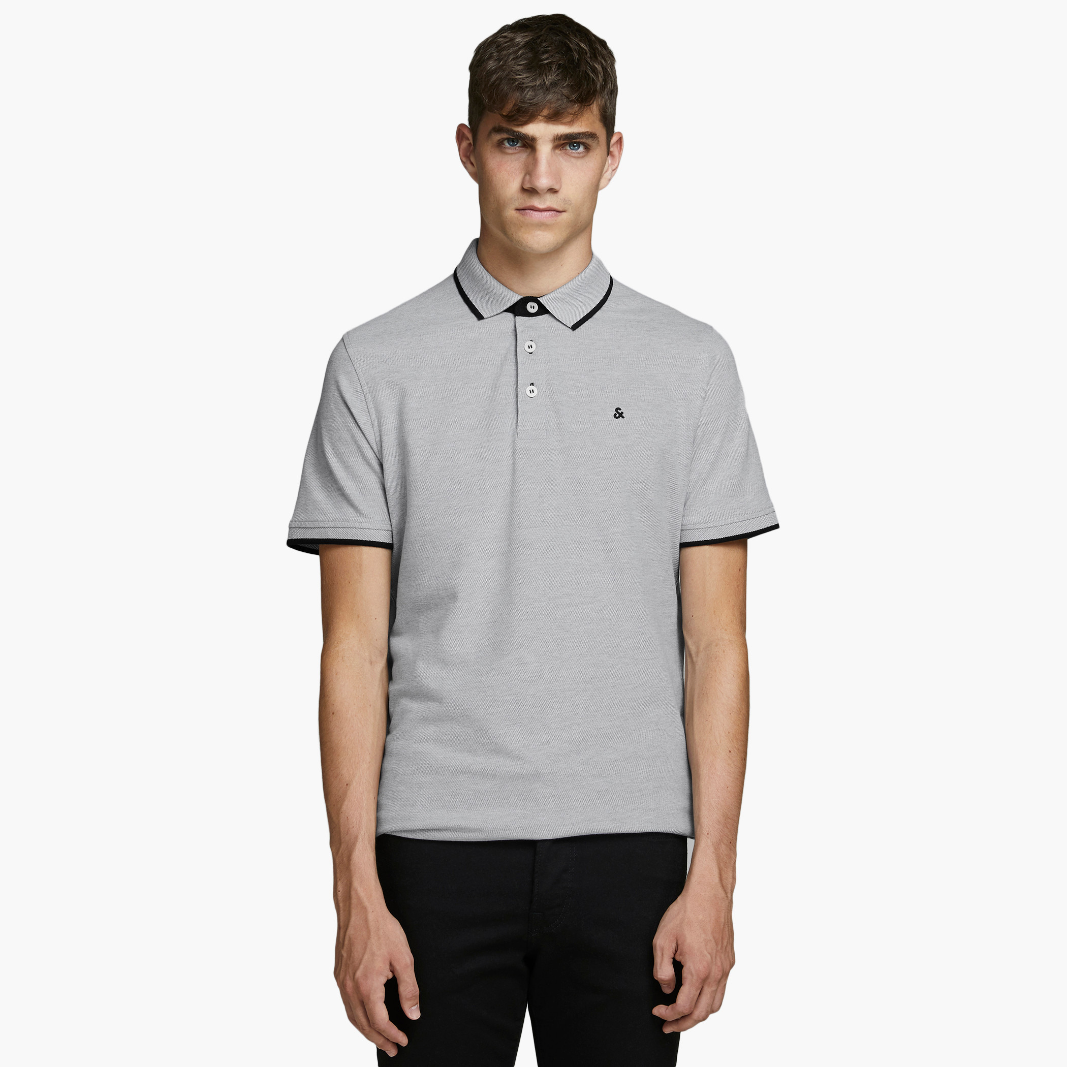 تي شيرت بولو جاك آند جونز بأكمام قصيرة و محكم رمادي للرجال-men-clothing-tshirtsandpolos-polos-image-1