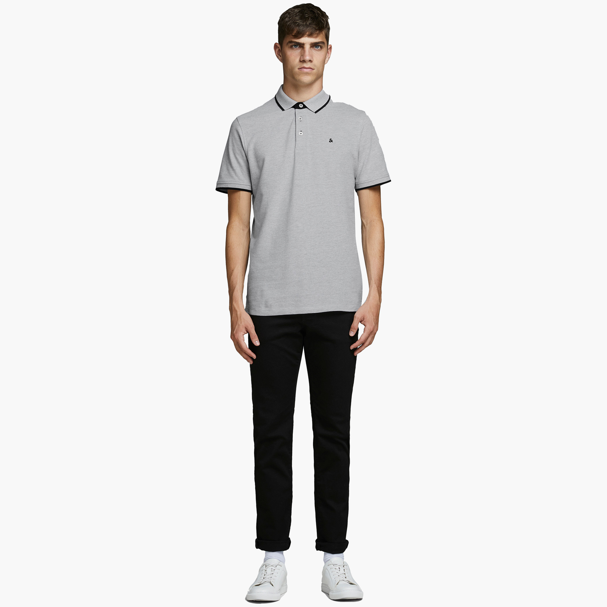 تي شيرت بولو جاك آند جونز بأكمام قصيرة و محكم رمادي للرجال-men-clothing-tshirtsandpolos-polos-image-7