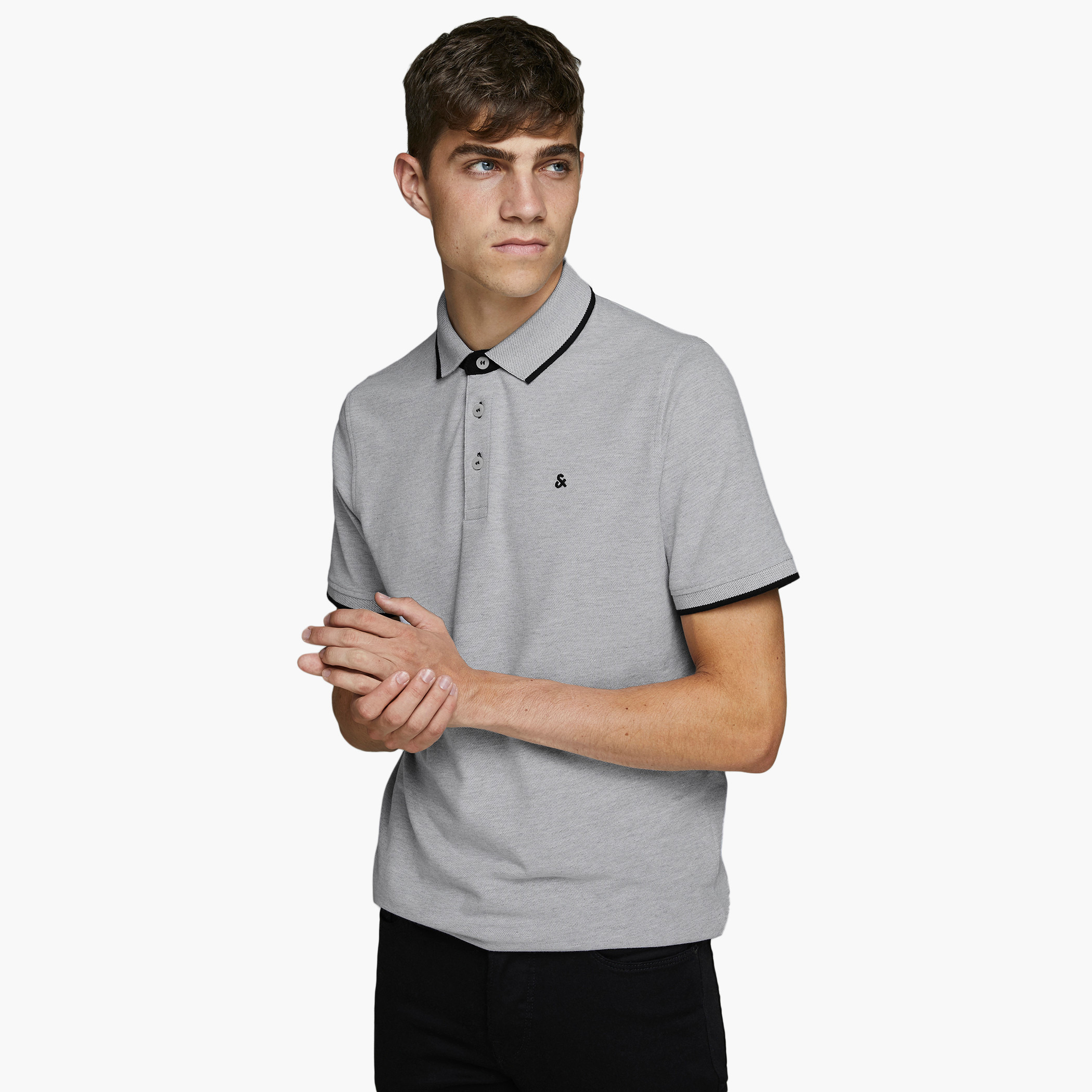 تي شيرت بولو جاك آند جونز بأكمام قصيرة و محكم رمادي للرجال-men-clothing-tshirtsandpolos-polos-image-8
