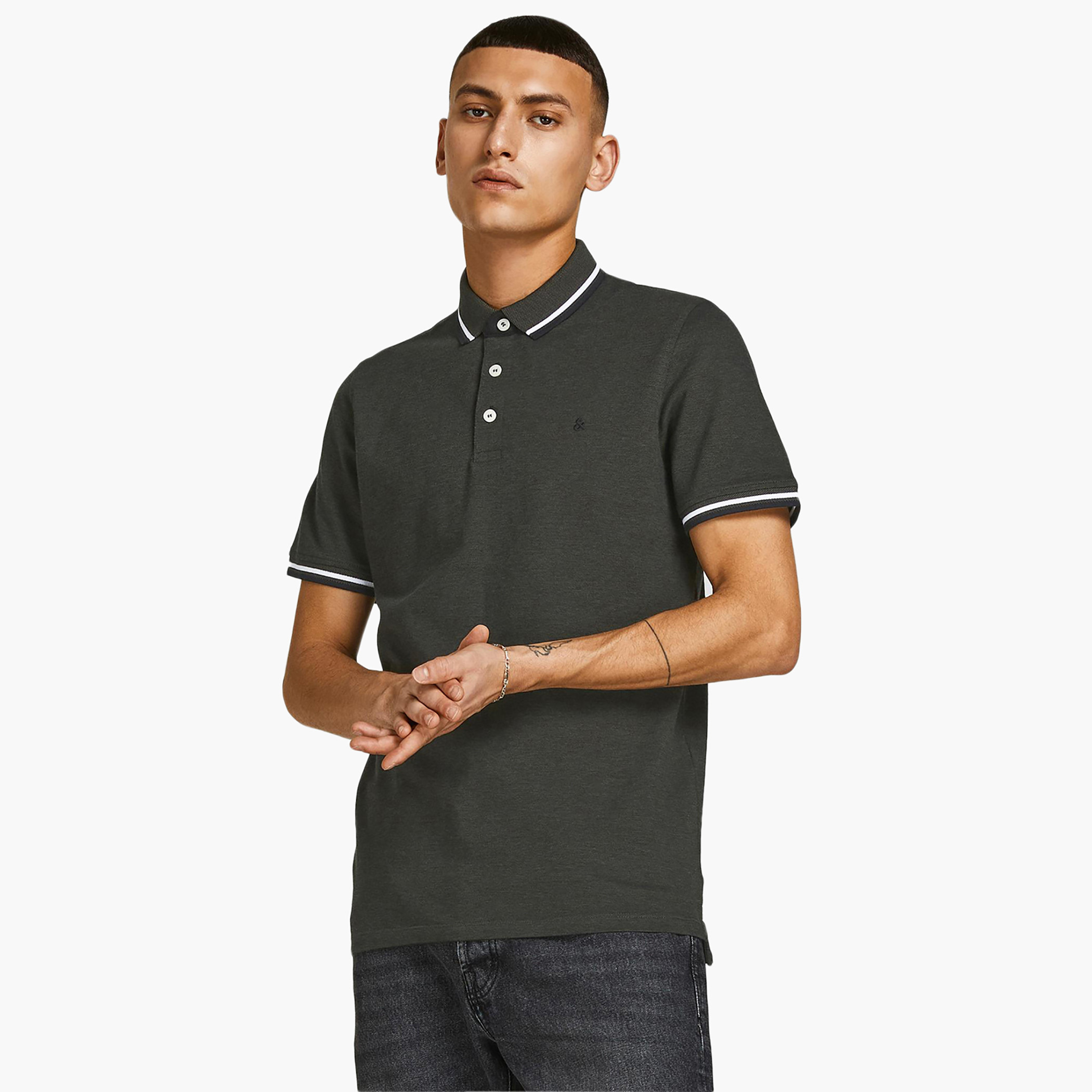 Jack & Jones Men Solid Dark Green Short Sleeves Slim Fit Polo T-Shirt-men-clothing-tshirtsandpolos-polos-image-1