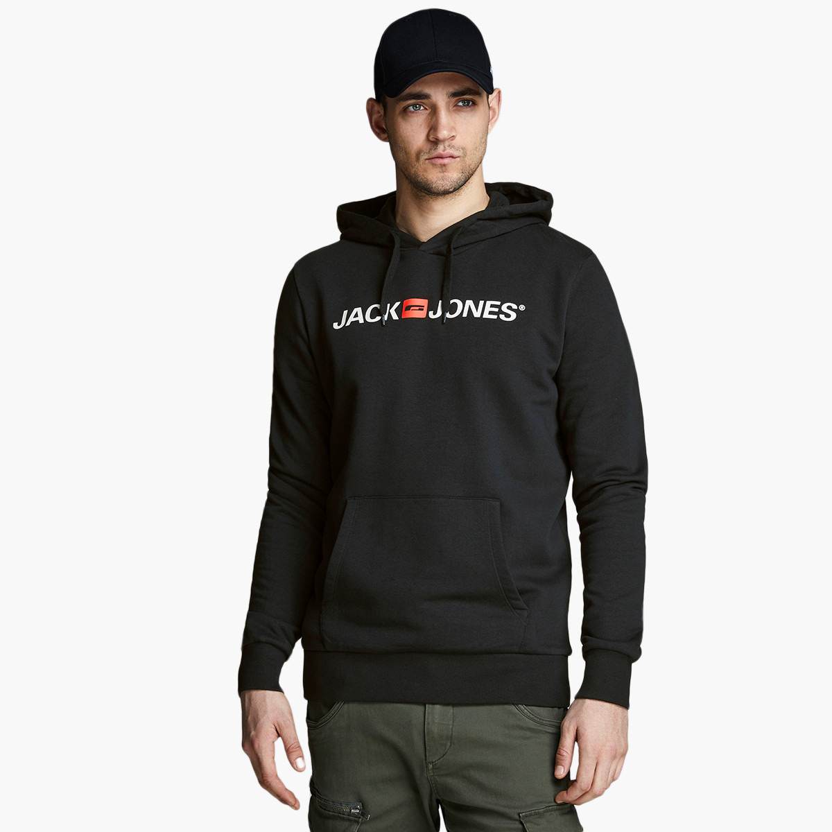Jack & Jones Men Logo Black Kangaroo Pocket Hoodie-men-winterwear-hoodiesandsweatshirts-image-1