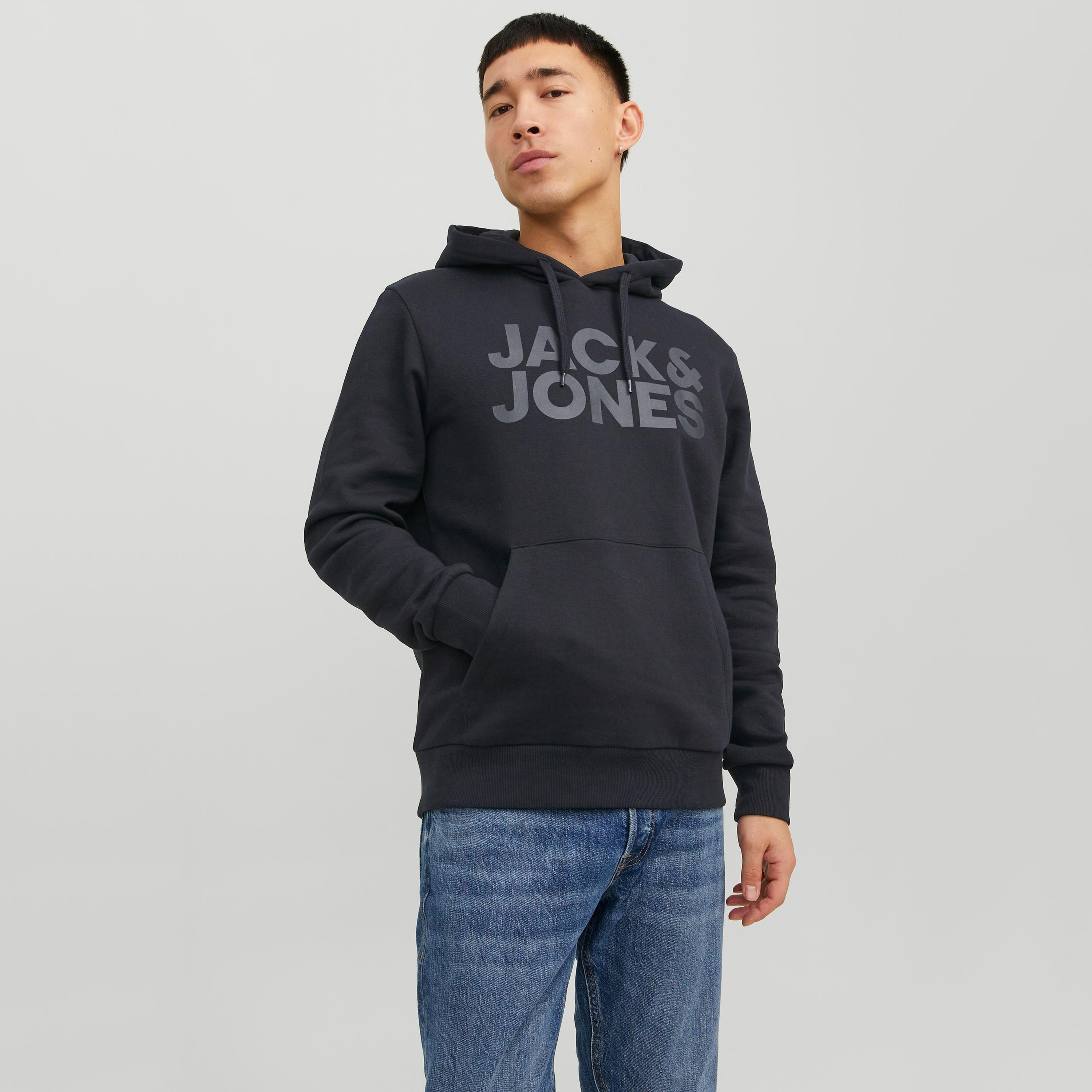 Jack & Jones Logo Print Hoodie with Kangaroo Pocket-men-winterwear-hoodiesandsweatshirts-image-1