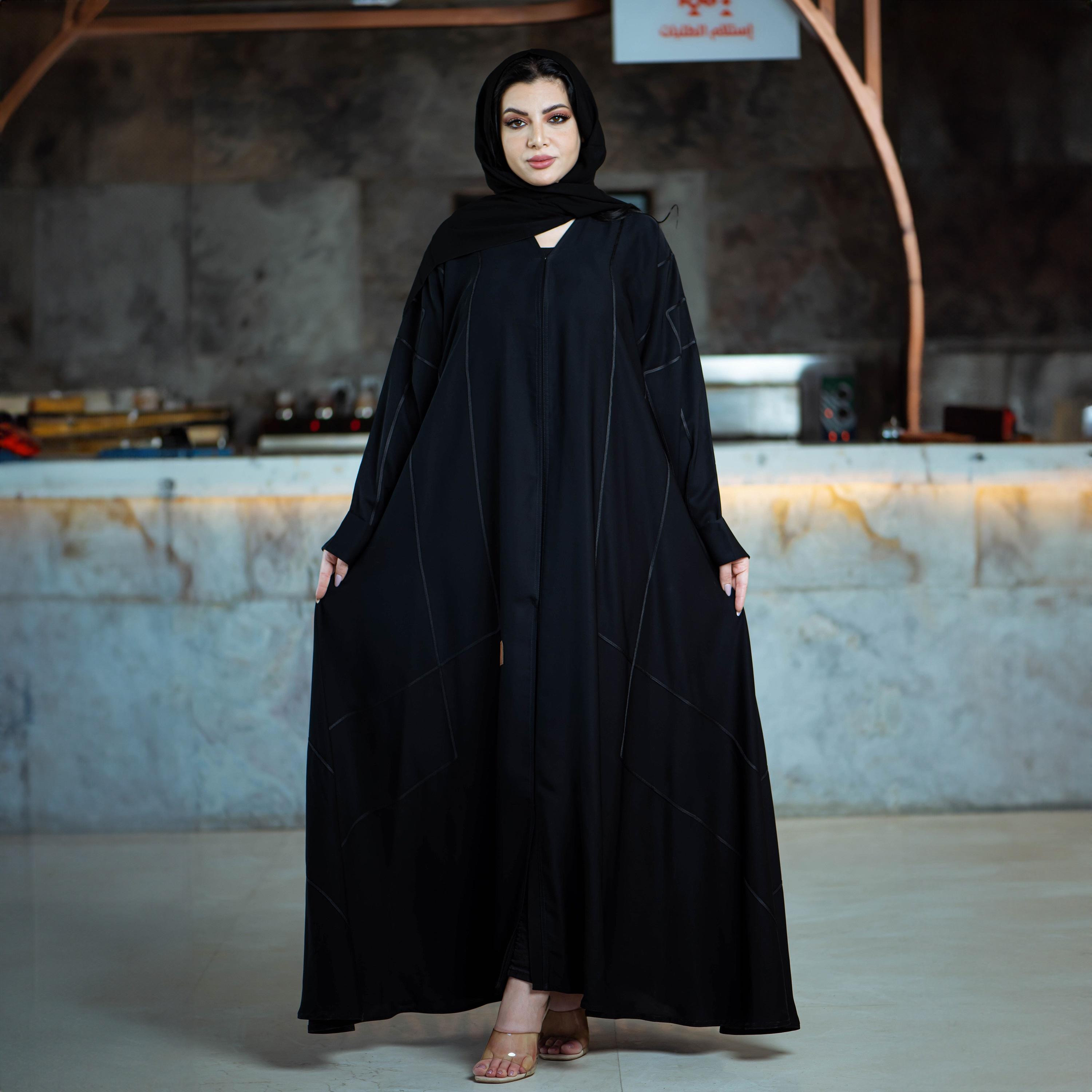 Zahiyh Black Thread Lined Striped Formal Abaya with Tarha-women-arabicclothing-abayas-image-1