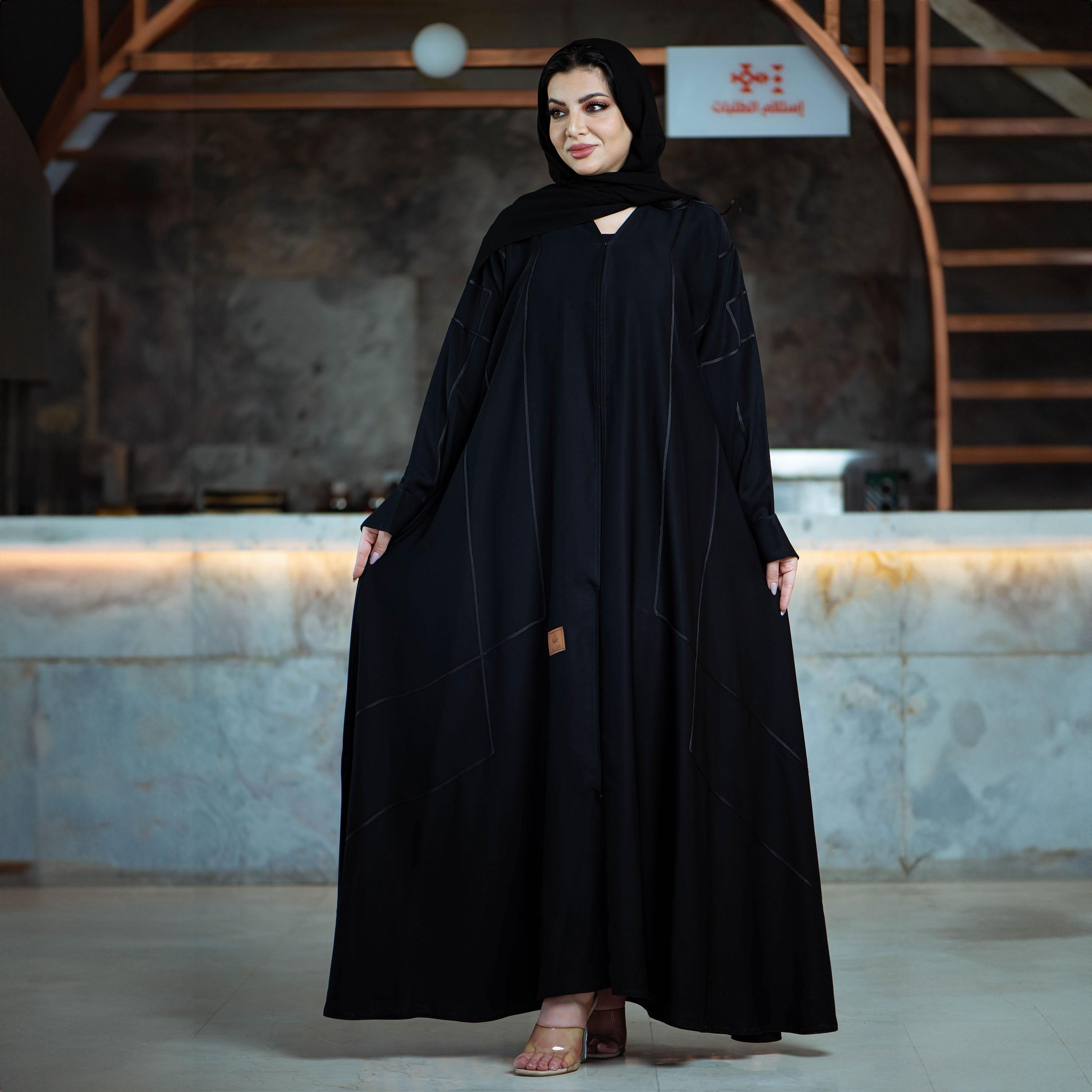 Zahiyh Black Thread Lined Striped Formal Abaya with Tarha-women-arabicclothing-abayas-image-3