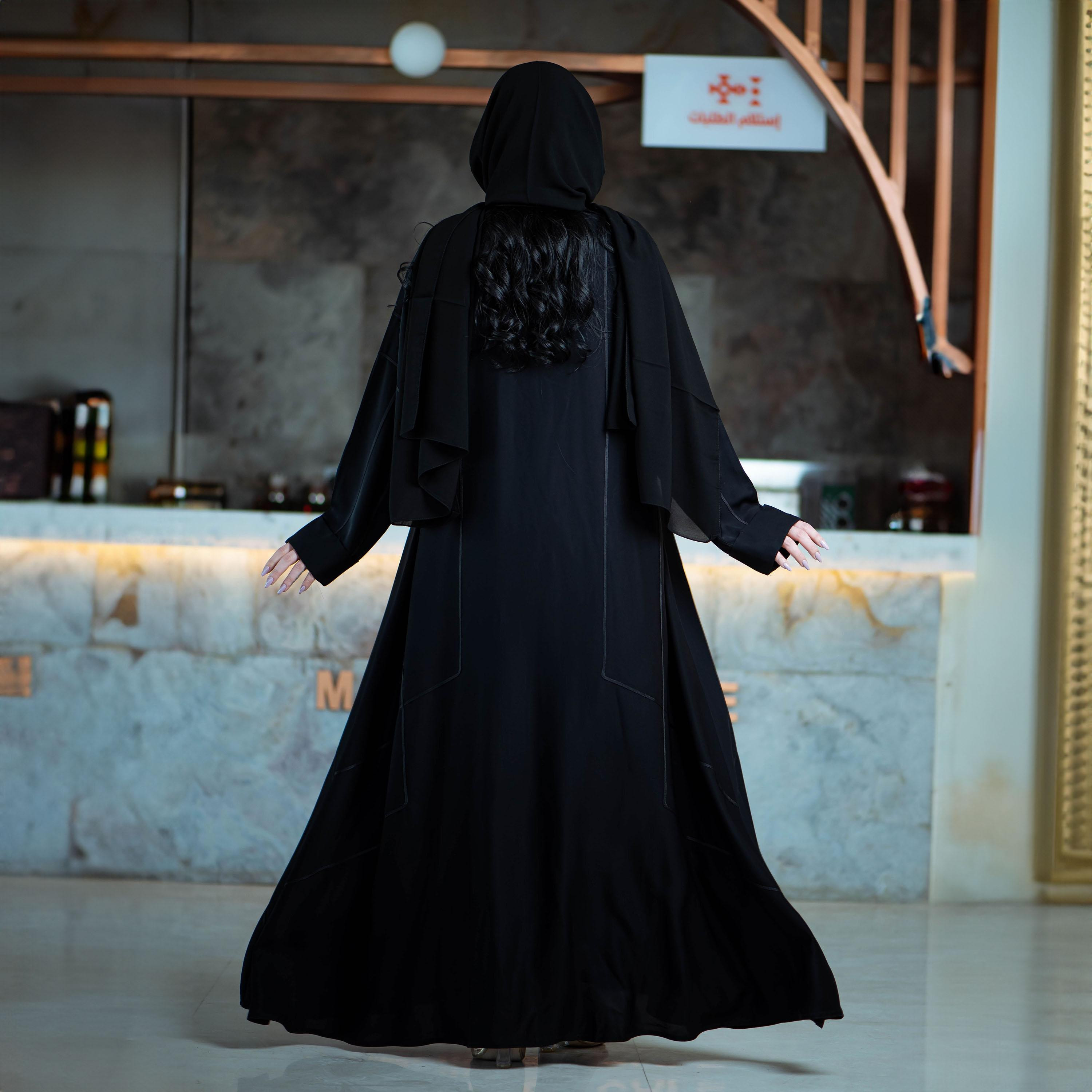 Zahiyh Black Thread Lined Striped Formal Abaya with Tarha-women-arabicclothing-abayas-image-4