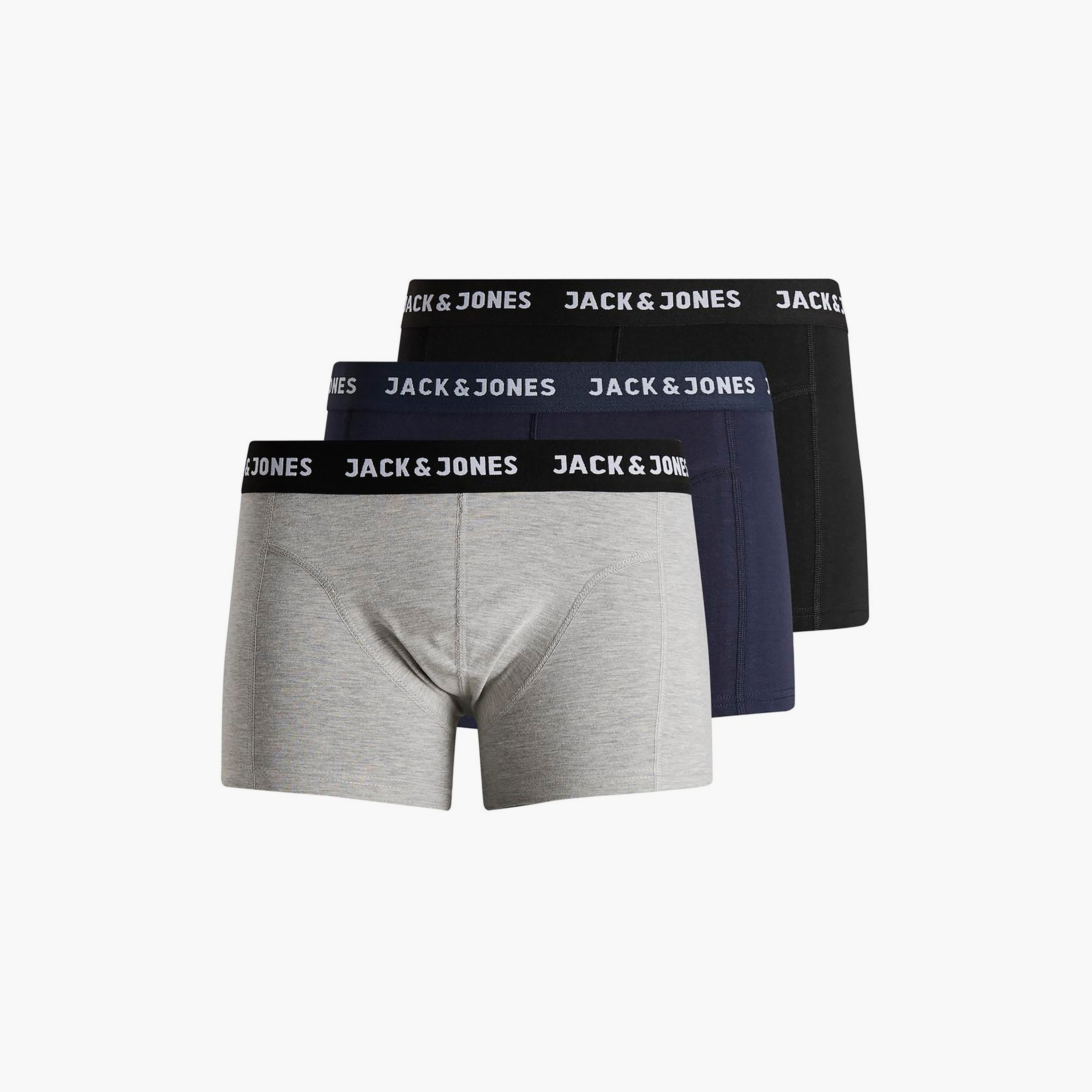 Jack & Jones Pack of 3 Plain Trunks with Brand Print Waistband-men-clothing-innerwear-underwear-image-1