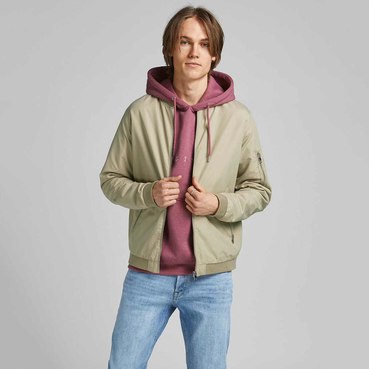 Jack & Jones Men Beige Plain Bomber Jacket with Ribbed Hem-men-clothing-jacketsandblazers-jackets-image-1