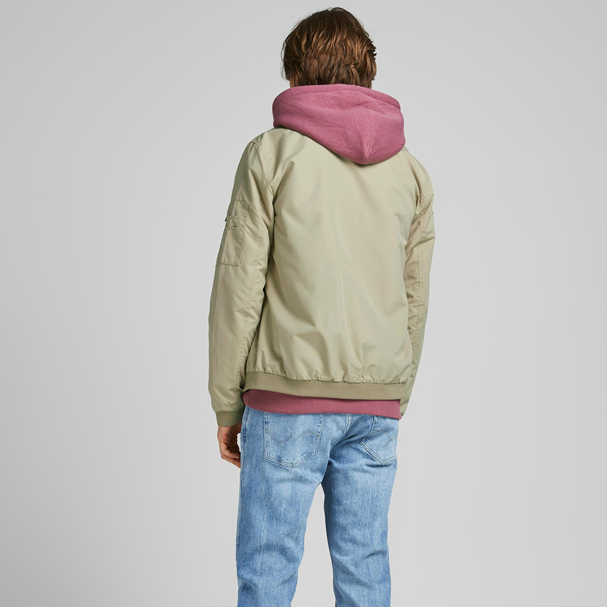 Jack & Jones Men Beige Plain Bomber Jacket with Ribbed Hem-men-clothing-jacketsandblazers-jackets-image-2