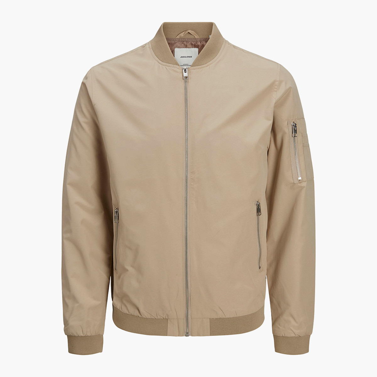 Jack & Jones Men Beige Plain Bomber Jacket with Ribbed Hem-men-clothing-jacketsandblazers-jackets-image-3