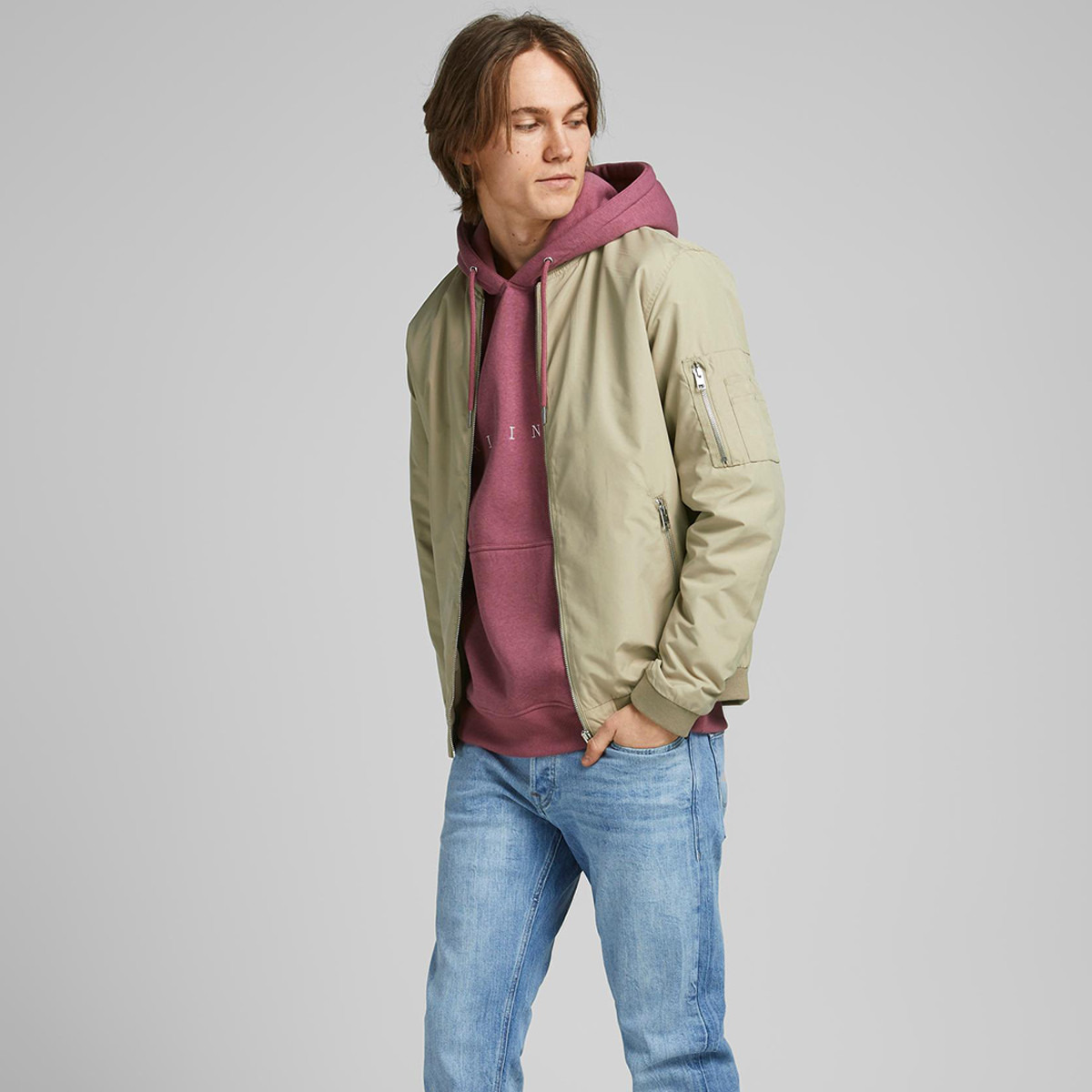 Jack & Jones Men Beige Plain Bomber Jacket with Ribbed Hem-men-clothing-jacketsandblazers-jackets-image-4