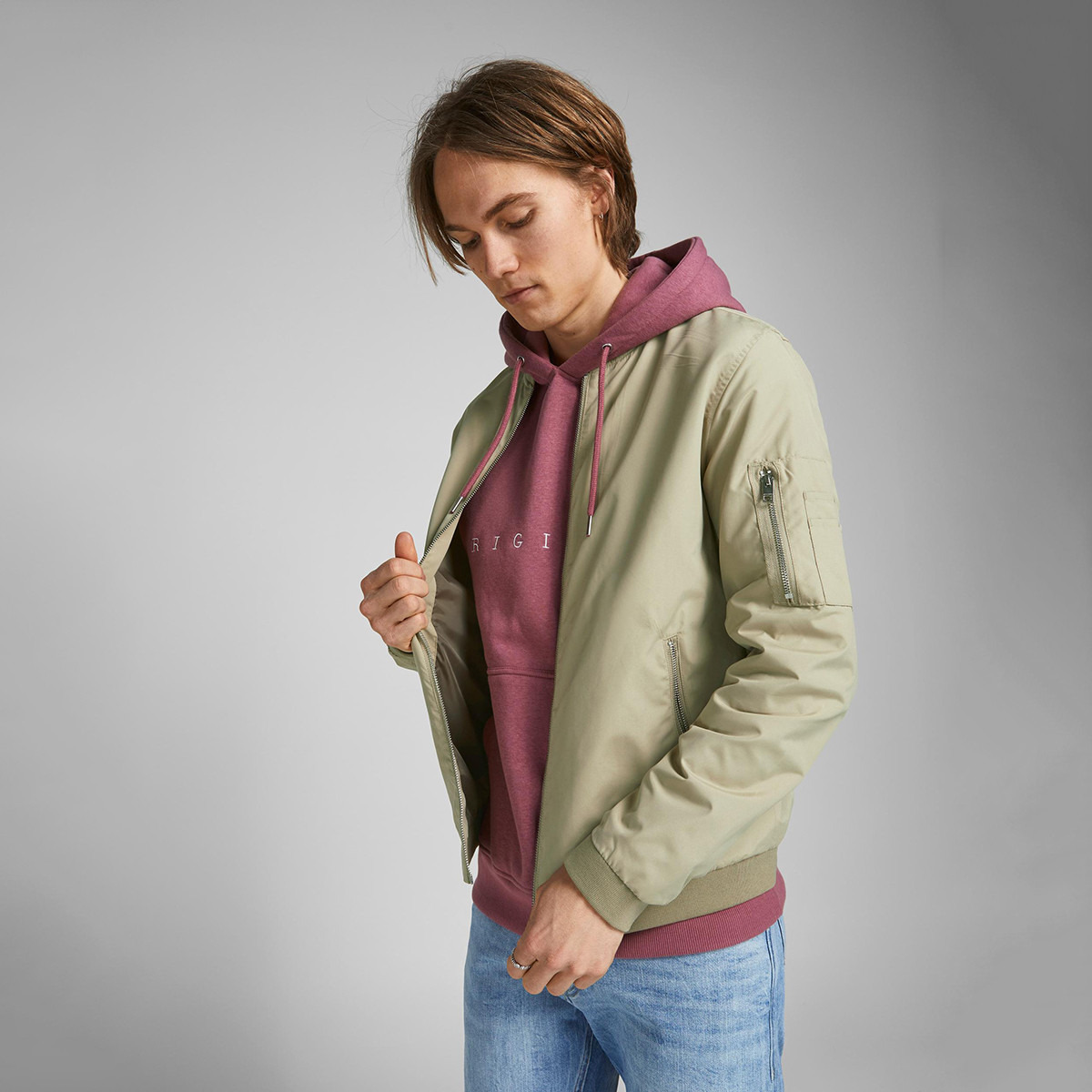 Jack & Jones Men Beige Plain Bomber Jacket with Ribbed Hem-men-clothing-jacketsandblazers-jackets-image-7