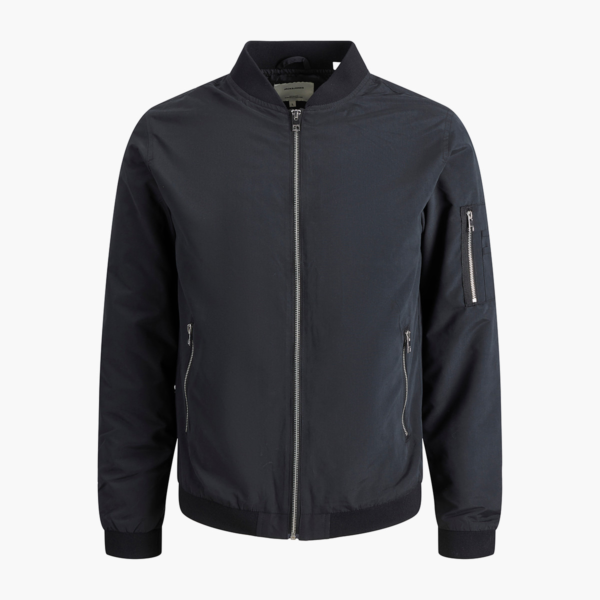 جاكيت بومبر من جاك آند جونز أسود سادة بحافة مضلعة للرجال-men-clothing-jacketsandblazers-jackets-image-3