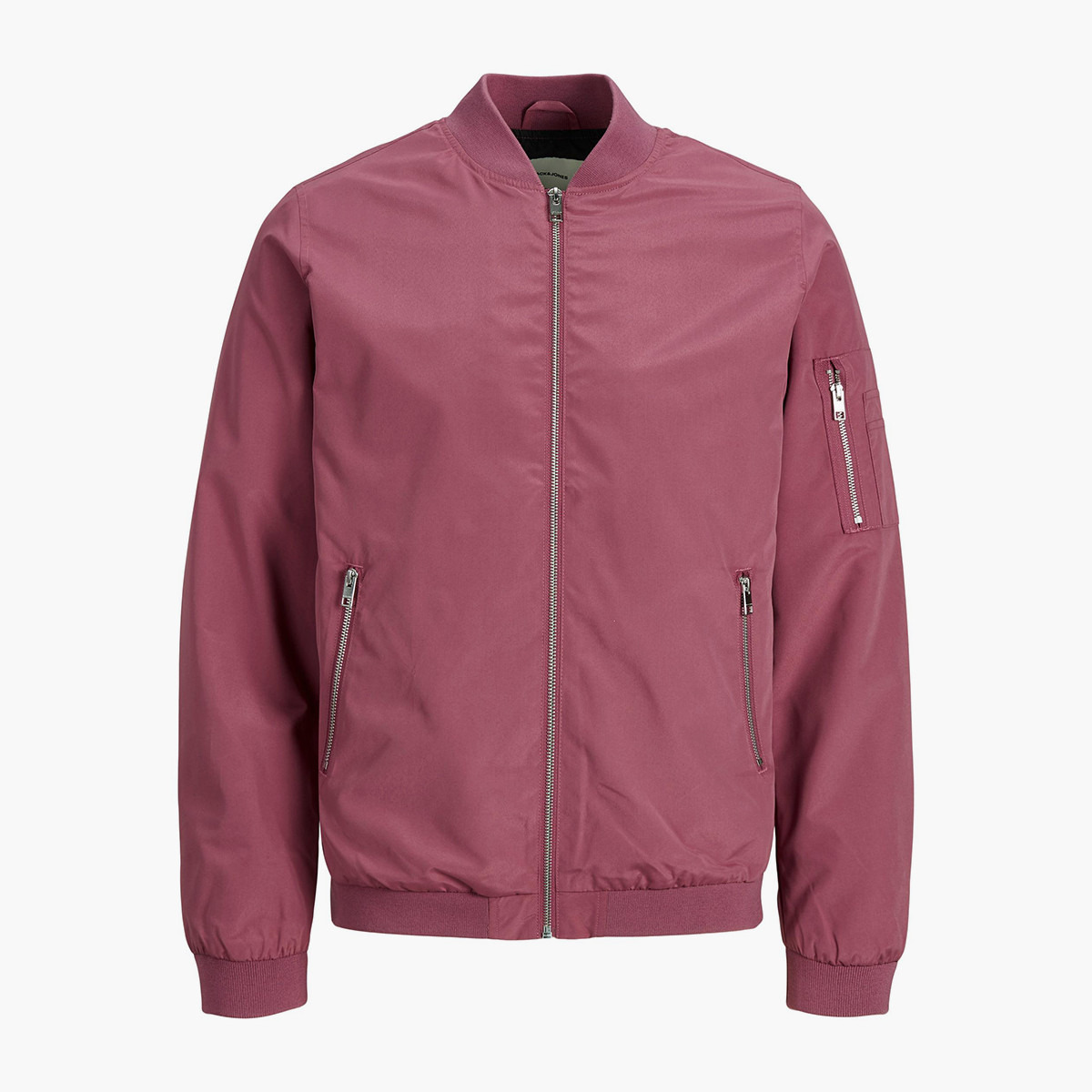 جاكيت بومبر من جاك آند جونز وردي سادة بحافة مضلعة للرجال-men-clothing-jacketsandblazers-jackets-image-3