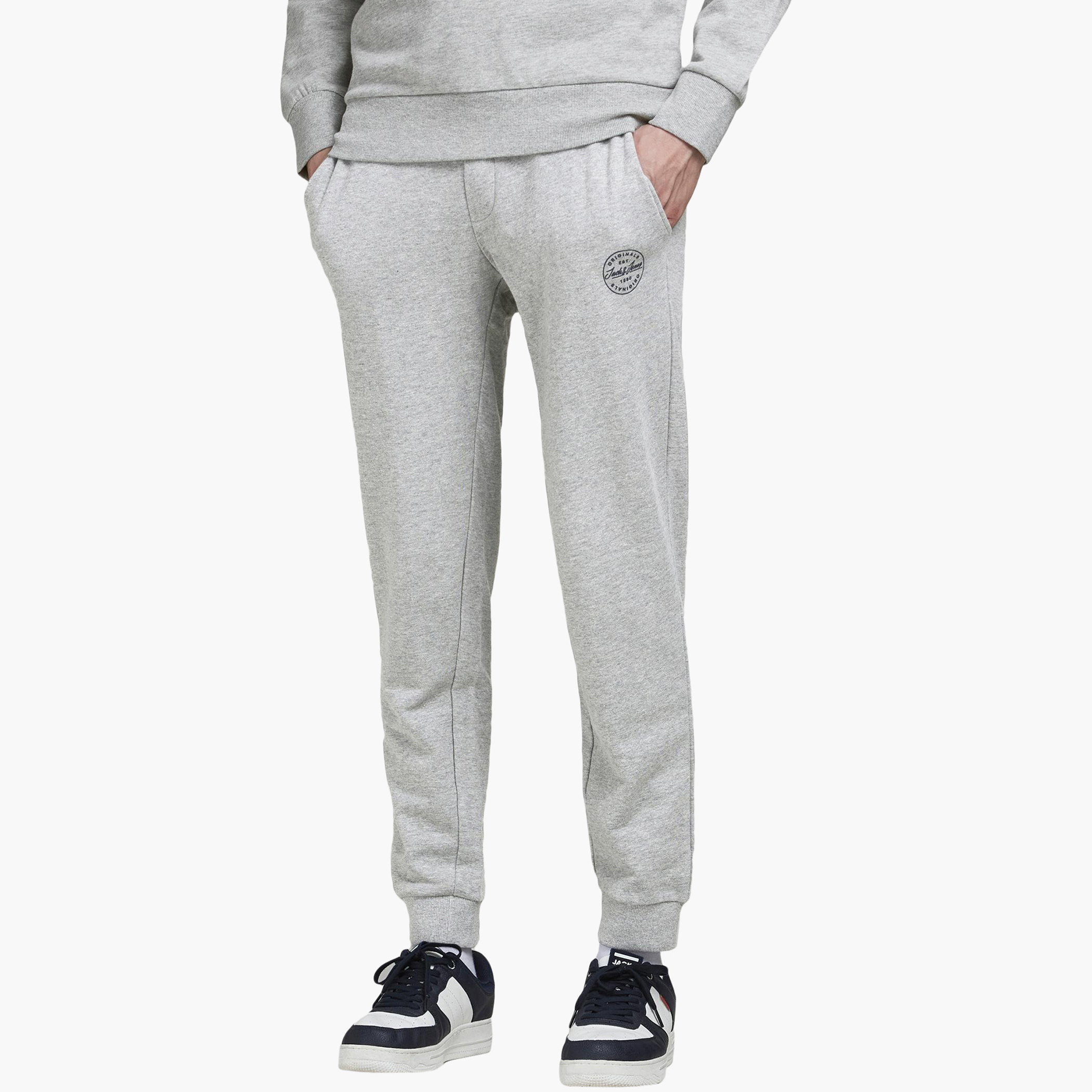 Jack & Jones Men Grey Plain Drawstring Joggers with Pockets-men-clothing-bottoms-joggers-image-1