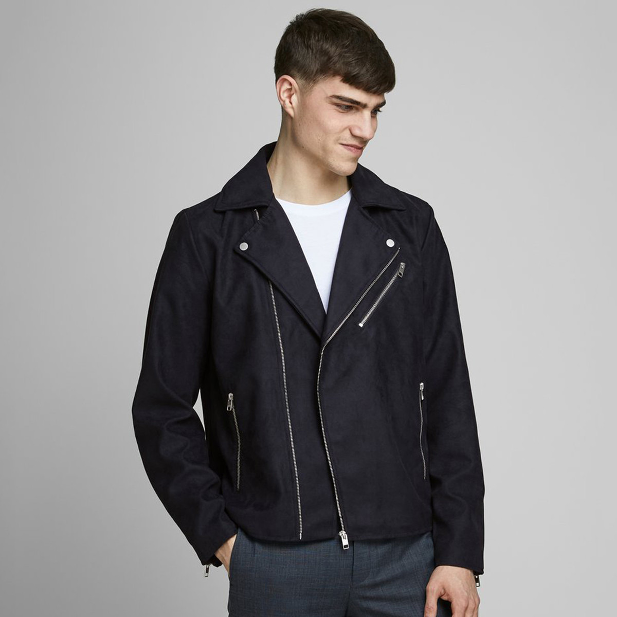 Jack & Jones Solid Biker Jacket with Pockets and Zip Closure-men-clothing-jacketsandblazers-jackets-image-1