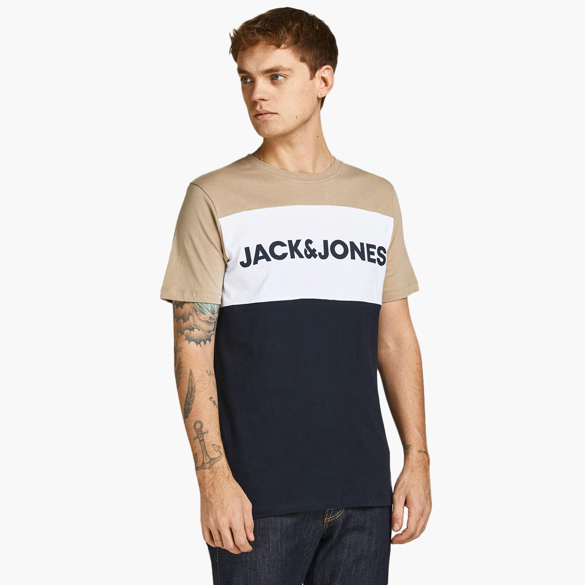 Jack & Jones Men Beige Colour Blocked Crew Neck Short Sleeves T-Shirt-men-clothing-tshirtsandpolos-tshirts-image-1