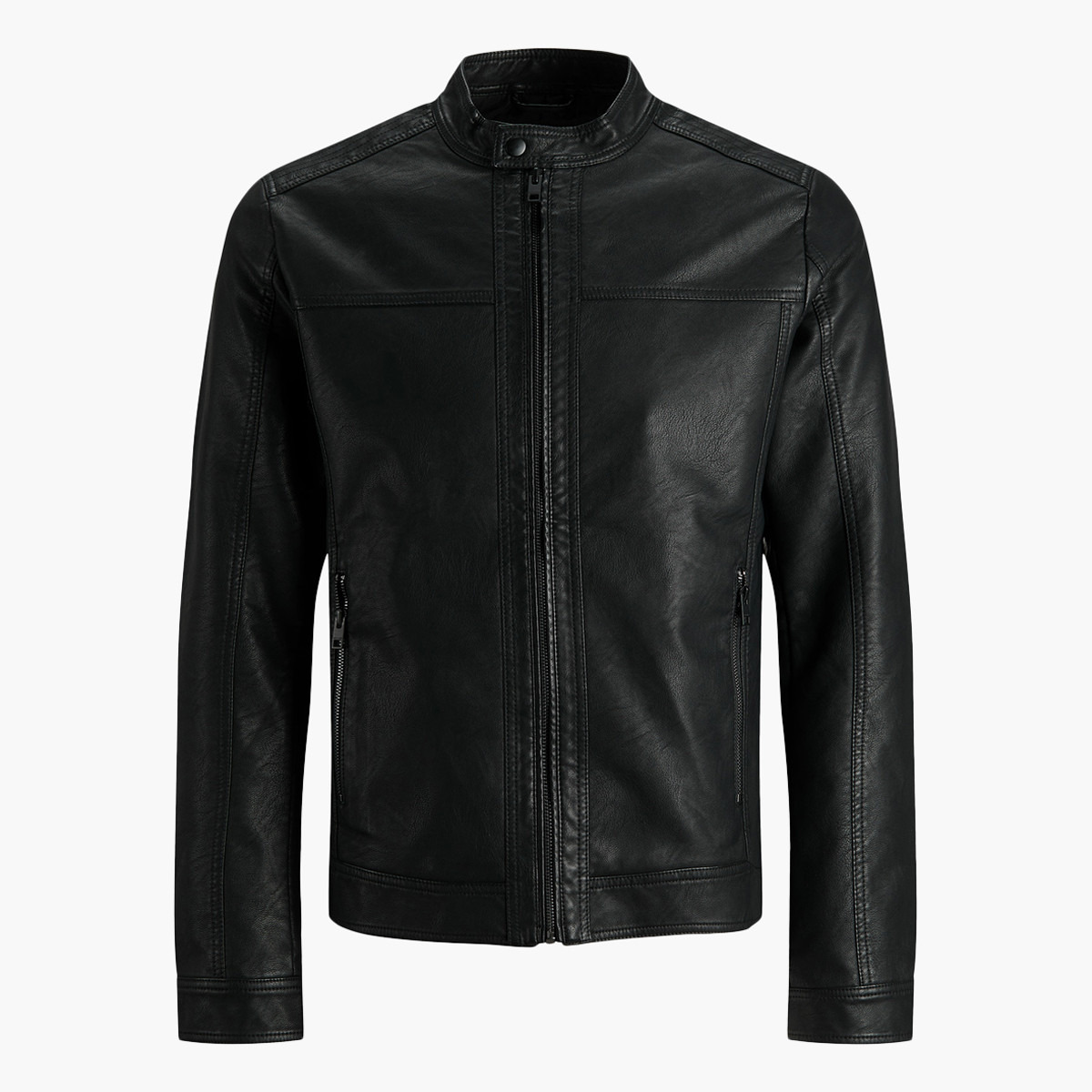 Jack & Jones Solid Leather Jacket with Pockets and Zip Closure-men-clothing-jacketsandblazers-jackets-image-1