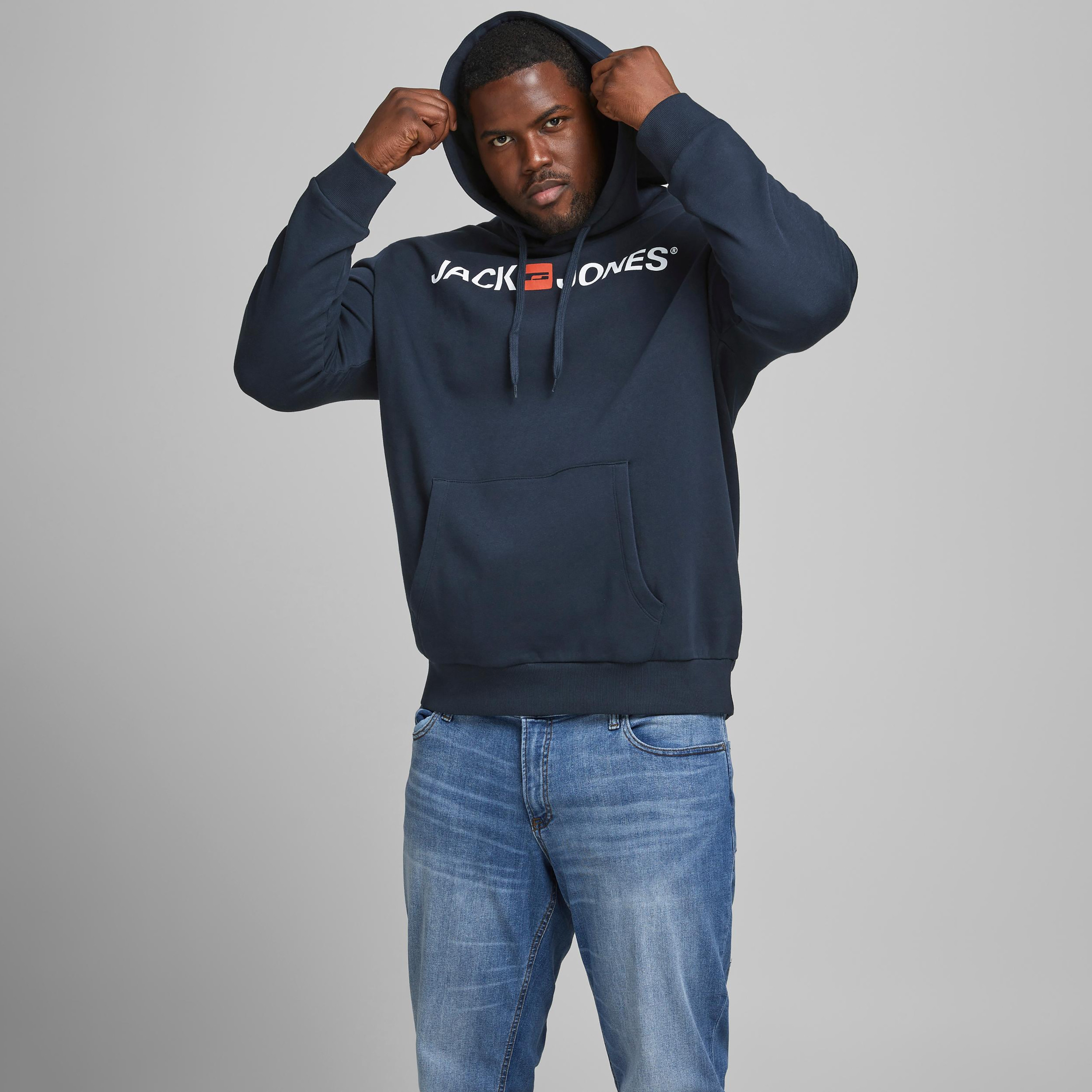 Buy Men s Jack Jones Plus Size Logo Long Sleeves Hoodie with Kangaroo Pocket Online Centrepoint KSA