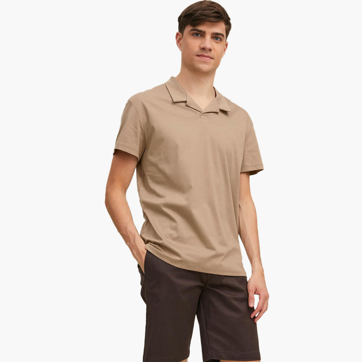 تي شيرت بولو جاك آند جونز رجالي بني سادة بأكمام قصيرة-men-clothing-tshirtsandpolos-polos-image-1