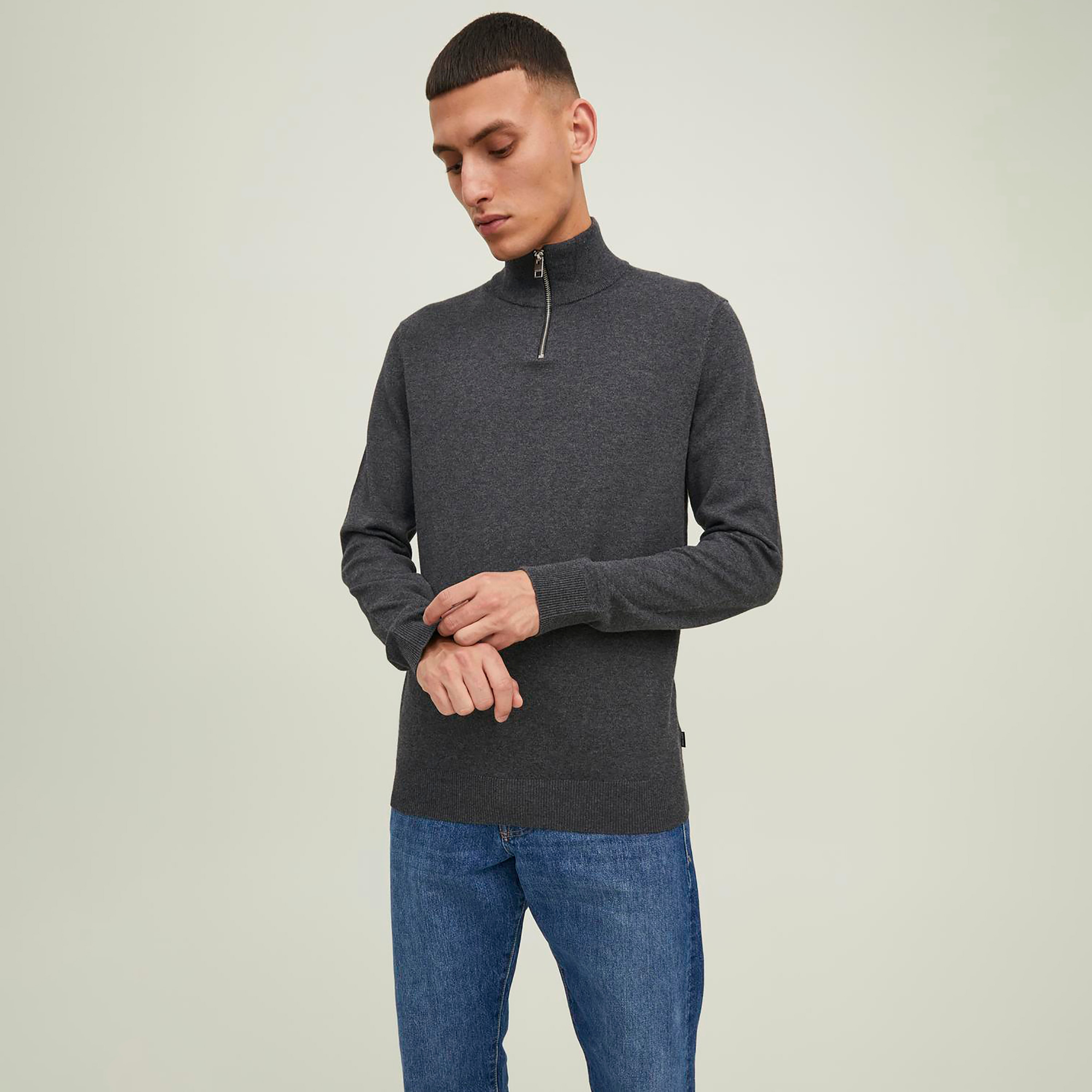 Jack & Jones Plain High Neck Long Sleeves Men's Quarter Zip Pullover-men-clothing-sweatersandpullovers-image-1