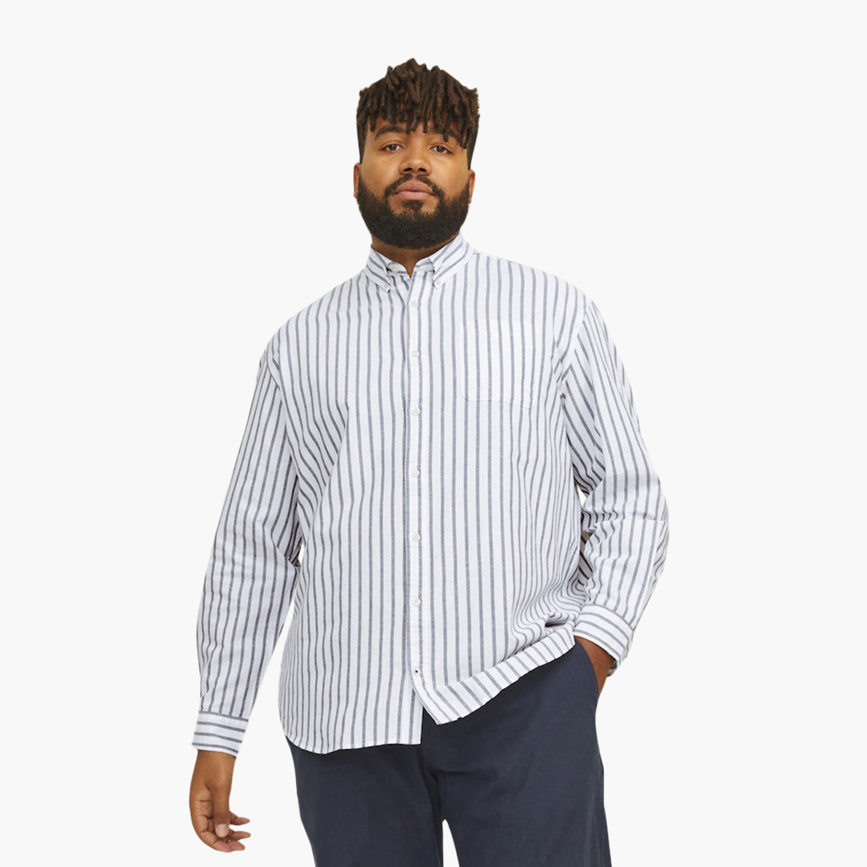 Jack & Jones Plus Size Regular Fit Striped Collared Long Sleeves Men's Shirt-men-clothing-shirts-image-1