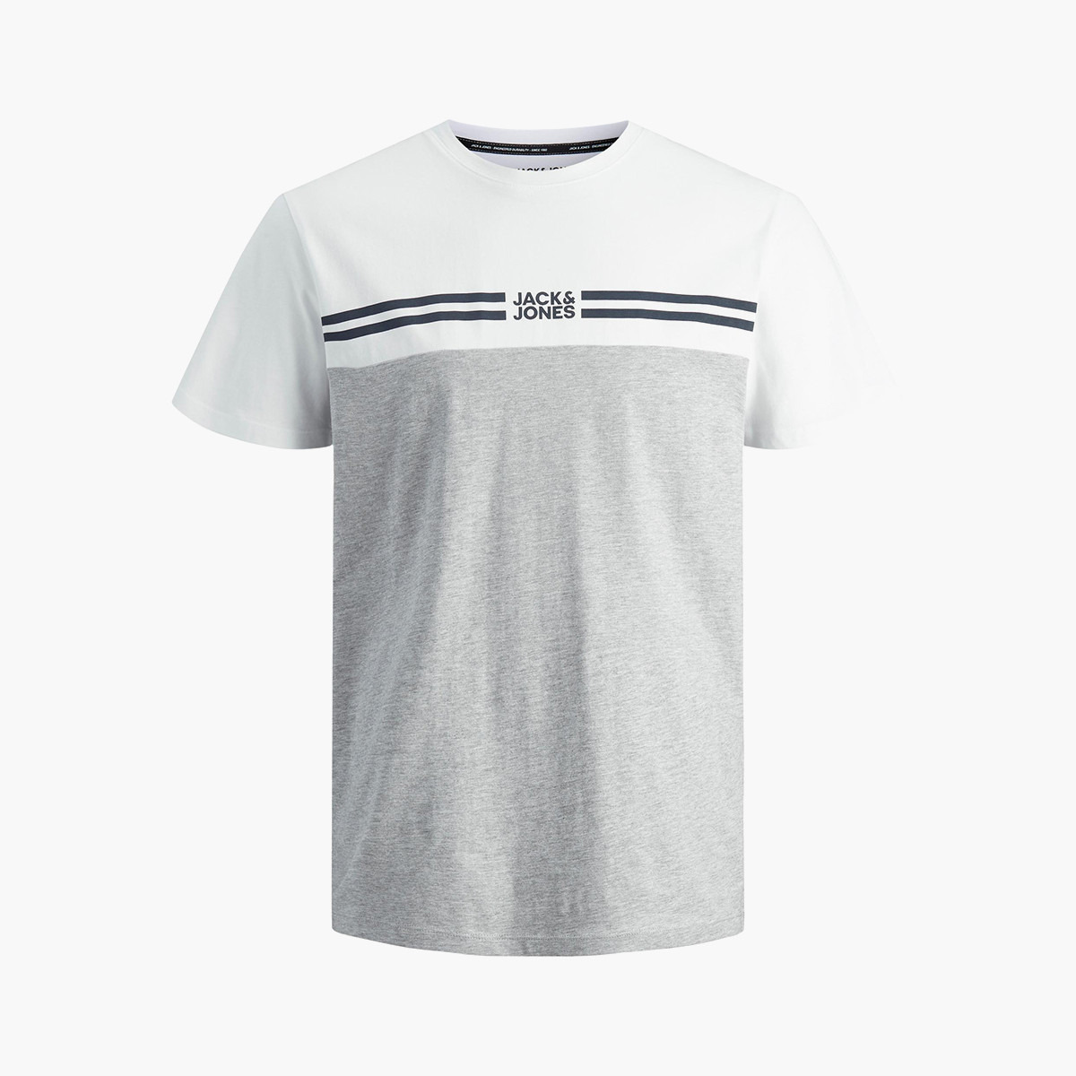 تي شيرت جاك آند جونز للرجال ذو كلر بلوك بلون رمادي  بياقة دائرية-men-clothing-tshirtsandpolos-tshirts-image-1