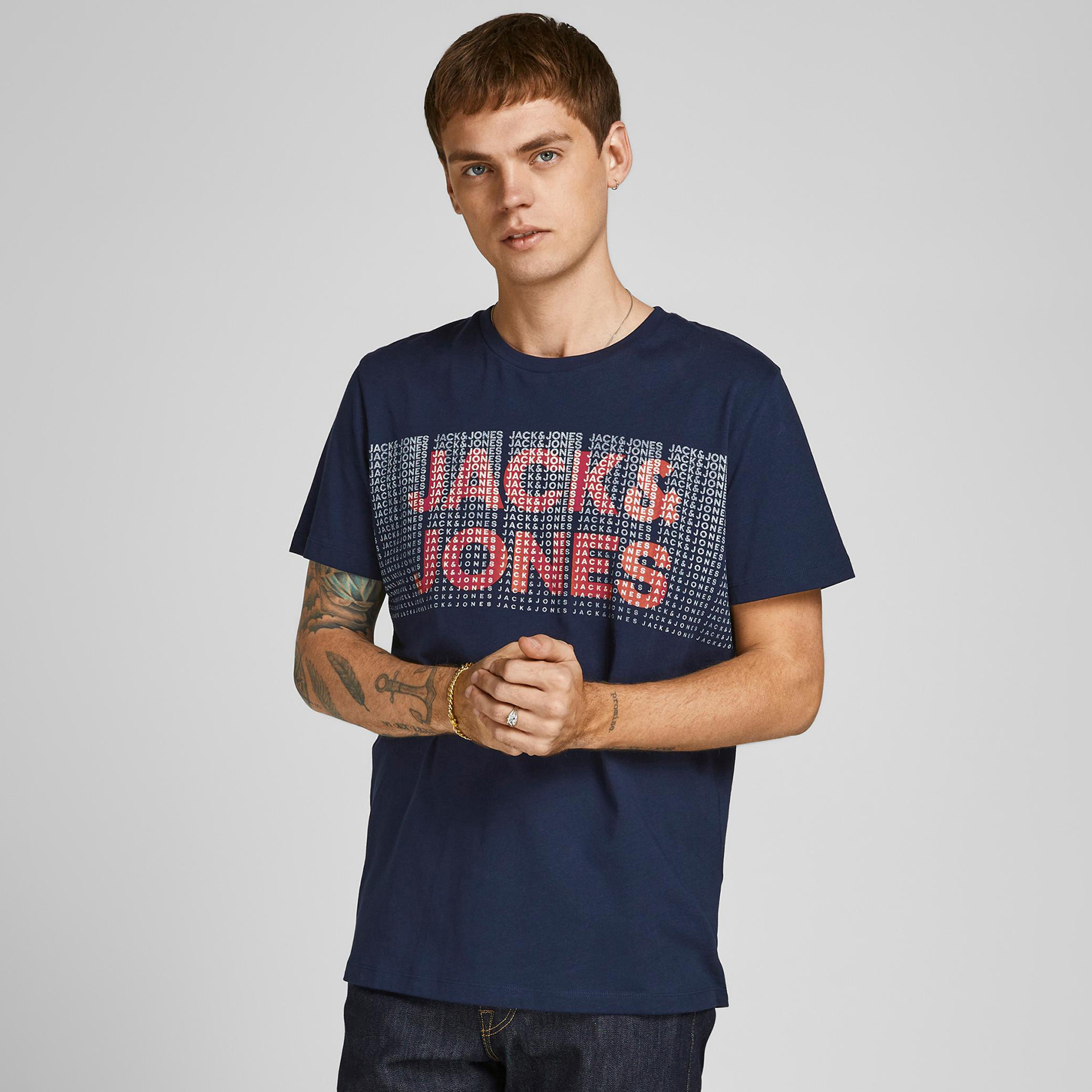 Jack & Jones Logo Print Crew Neck T-shirt with Short Sleeves-men-clothing-tshirtsandpolos-tshirts-image-1