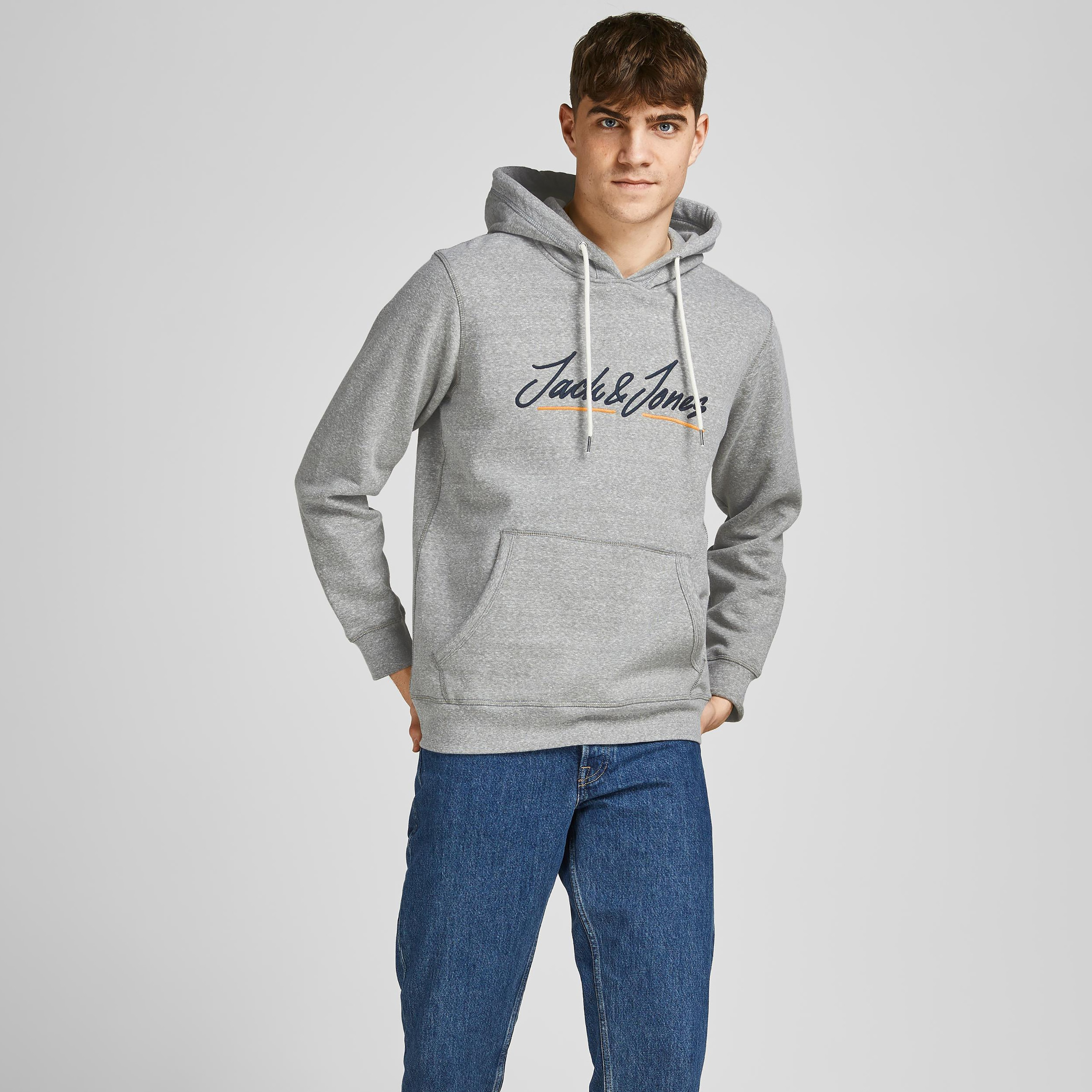 Jack & Jones Men Grey Embroidered Kangaroo Pocket Hoodie-men-winterwear-hoodiesandsweatshirts-image-1