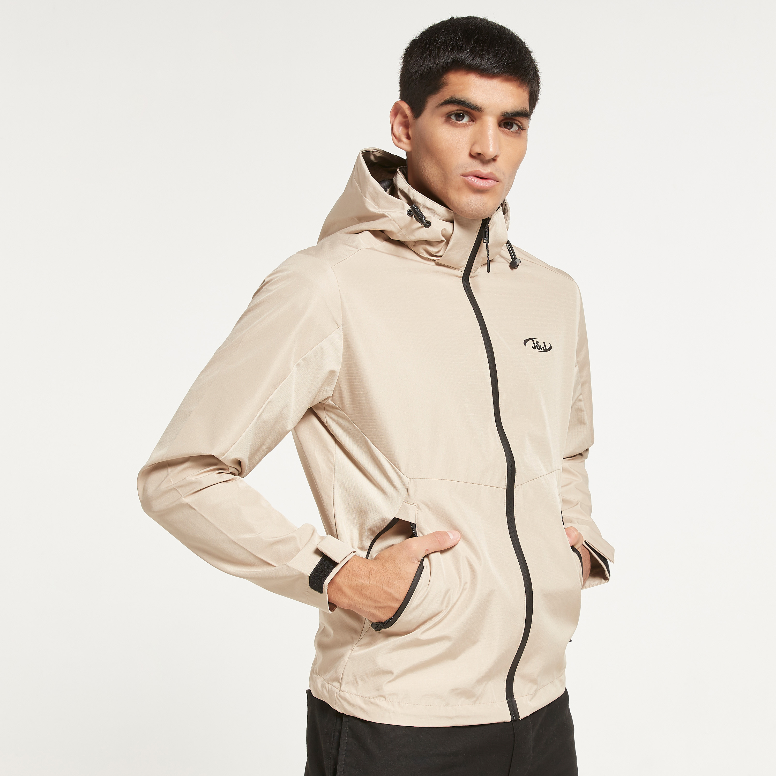 Jack & Jones Men Beige Plain Hooded Jacket with Zippered Slant Pockets-men-clothing-jacketsandblazers-jackets-image-1