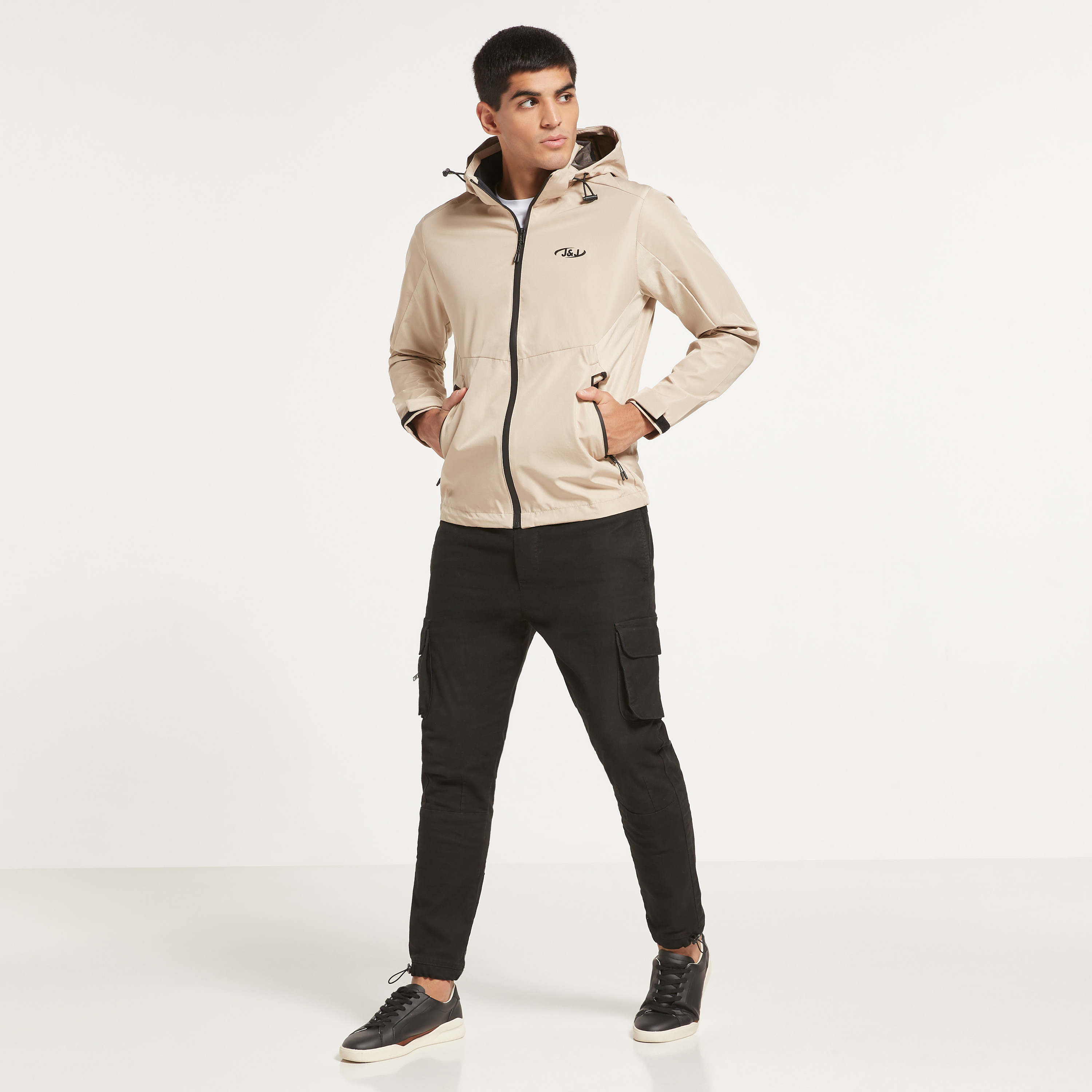 Jack & Jones Men Beige Plain Hooded Jacket with Zippered Slant Pockets-men-clothing-jacketsandblazers-jackets-image-2