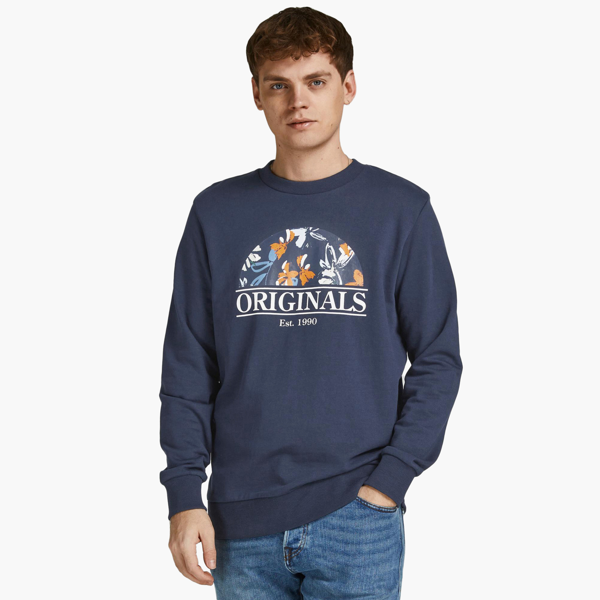 Jack & Jones Men Printed Navy Blue Crew Neck Sweatshirt-men-winterwear-hoodiesandsweatshirts-image-1