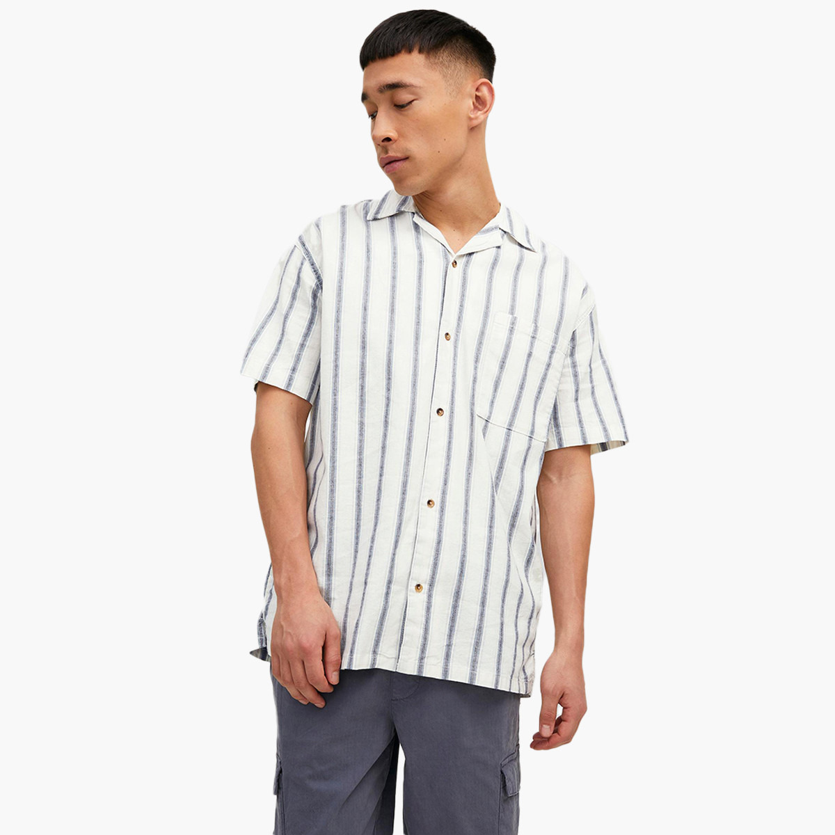 Jack & Jones Men White Striped Collared Shirt with Chest Pocket-men-clothing-shirts-image-1