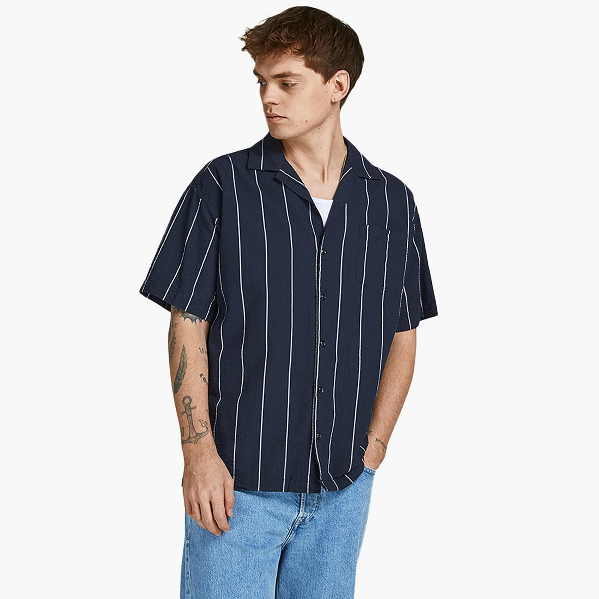 قميص جاك آند جونز رجالي أزرق كحلي مخطط بياقة مع جيب على الصدر-men-clothing-shirts-image-1