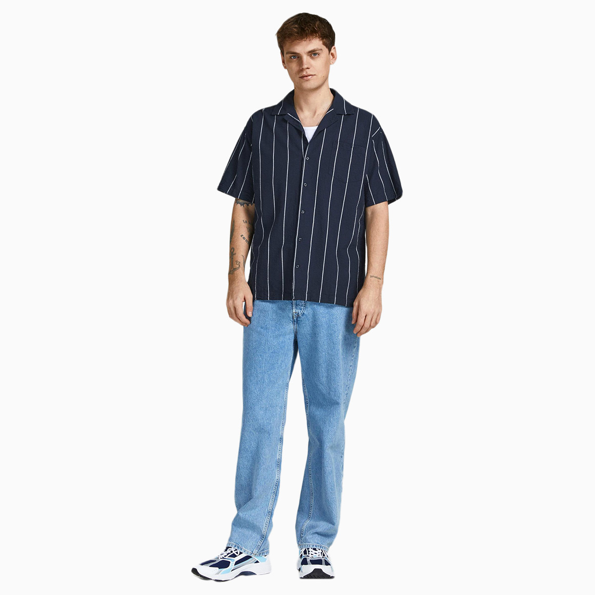 قميص جاك آند جونز رجالي أزرق كحلي مخطط بياقة مع جيب على الصدر-men-clothing-shirts-image-6