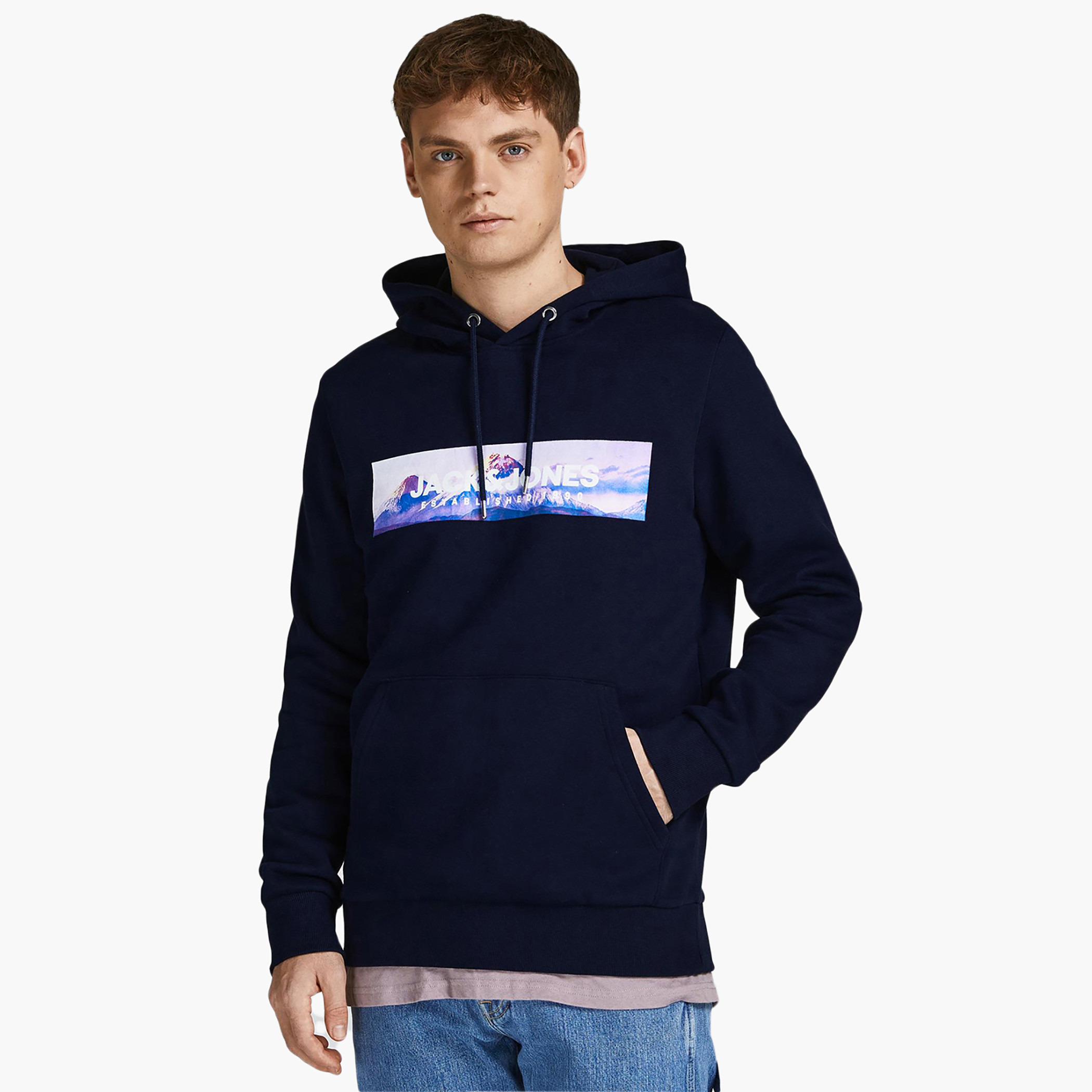 Jack & Jones Men Printed Navy Blue Kangaroo Pocket Hoodie-men-winterwear-hoodiesandsweatshirts-image-1