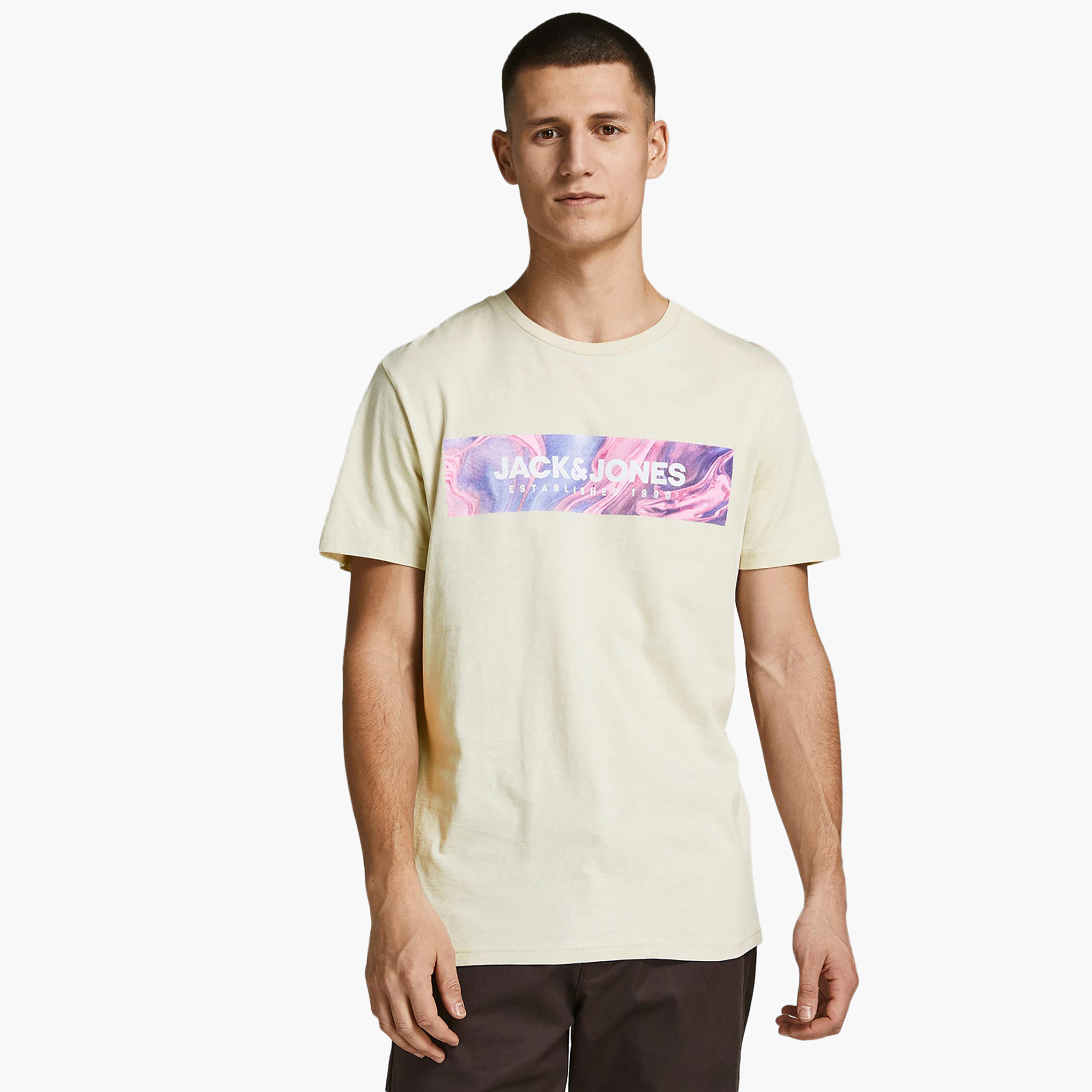 Jack & Jones Men Printed Cream Crew Neck Short Sleeves T-Shirt-men-clothing-tshirtsandpolos-tshirts-image-1