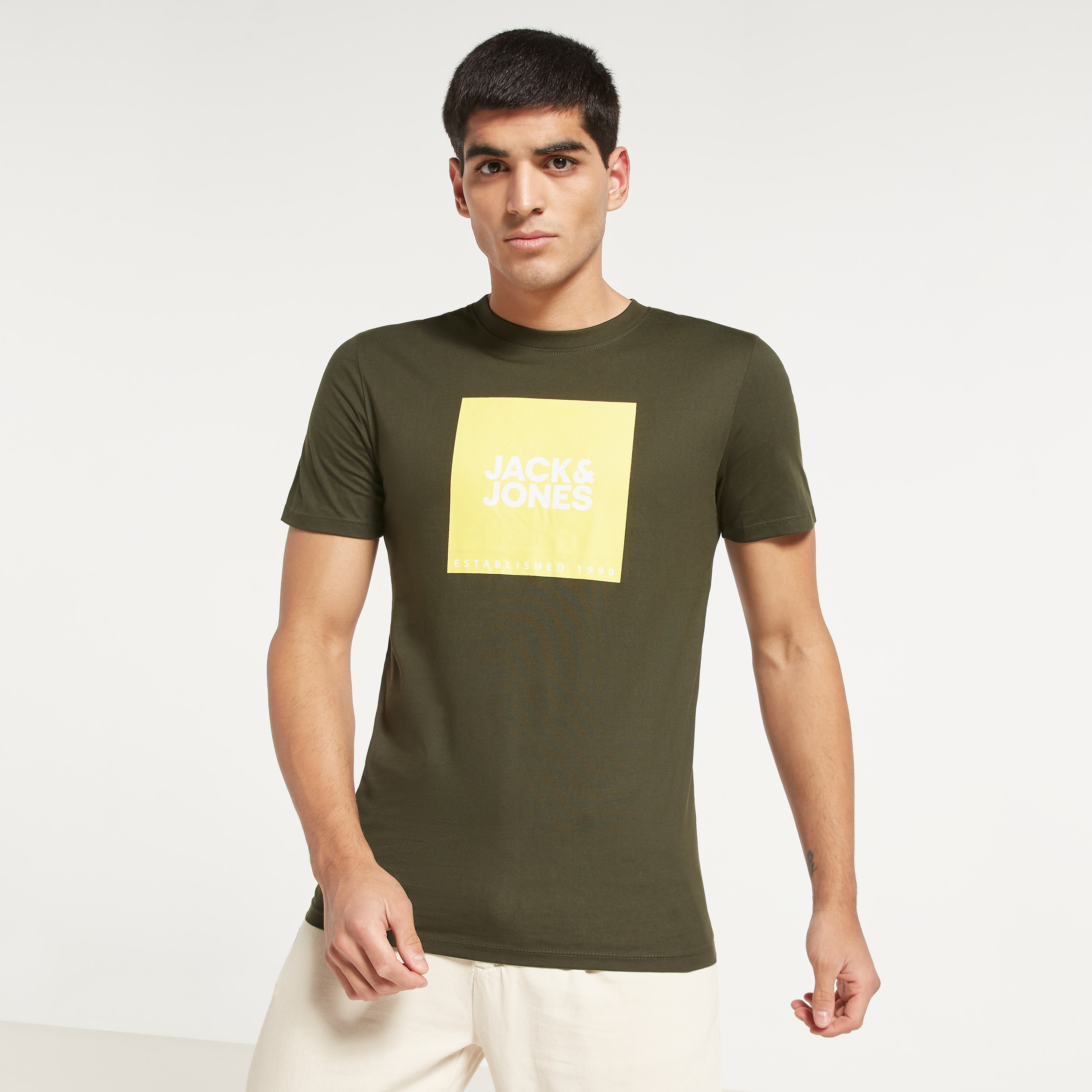 Jack & Jones Men Green Printed Crew Neck Short Sleeves T-Shirt-men-clothing-tshirtsandpolos-tshirts-image-1