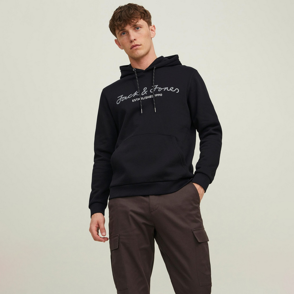 Jack & Jones Men Black Printed Kangaroo Pocket Hoodie-men-winterwear-hoodiesandsweatshirts-image-1