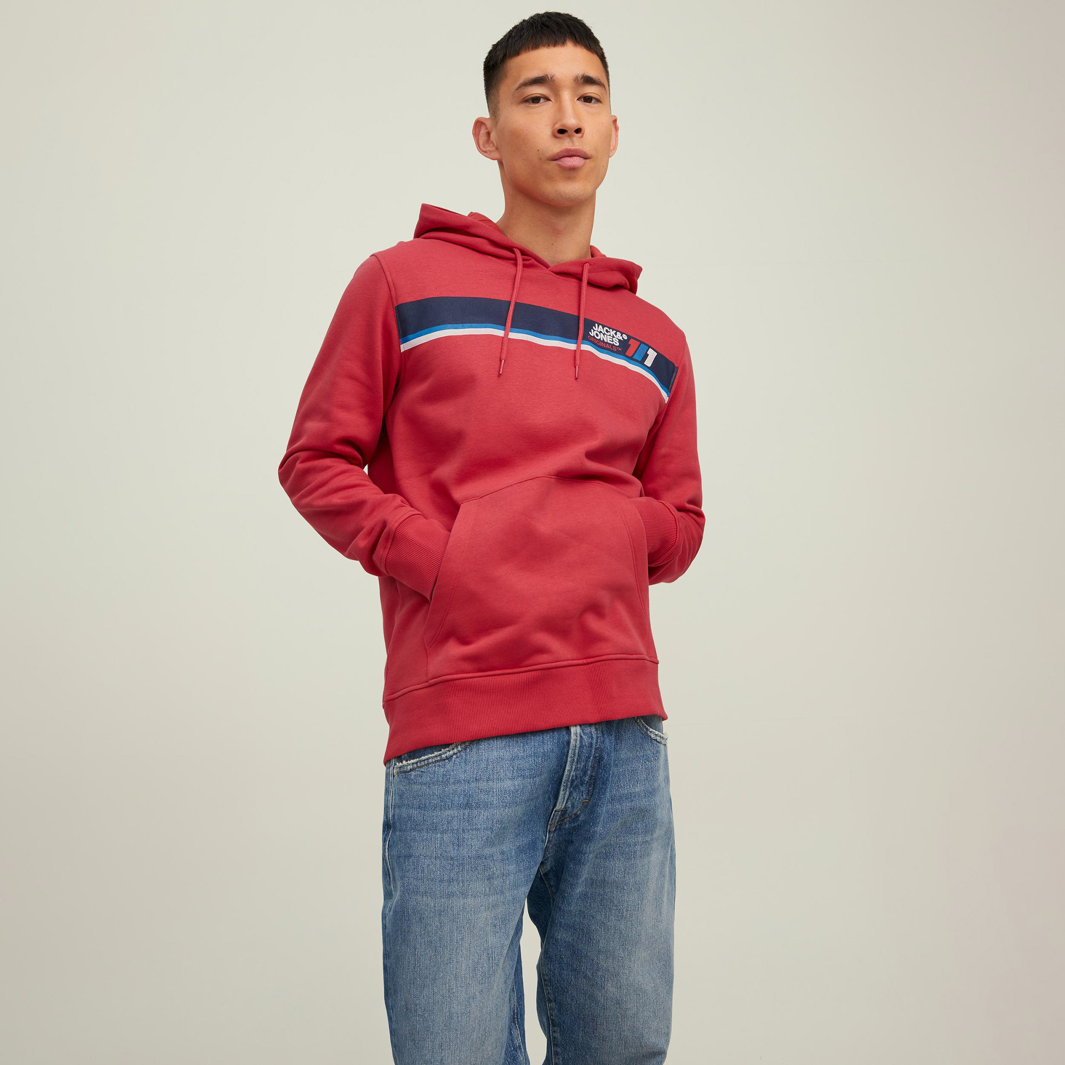 Jack & Jones Men Red Printed Kangaroo Pocket Standard Fit Hoodie-men-winterwear-hoodiesandsweatshirts-image-1