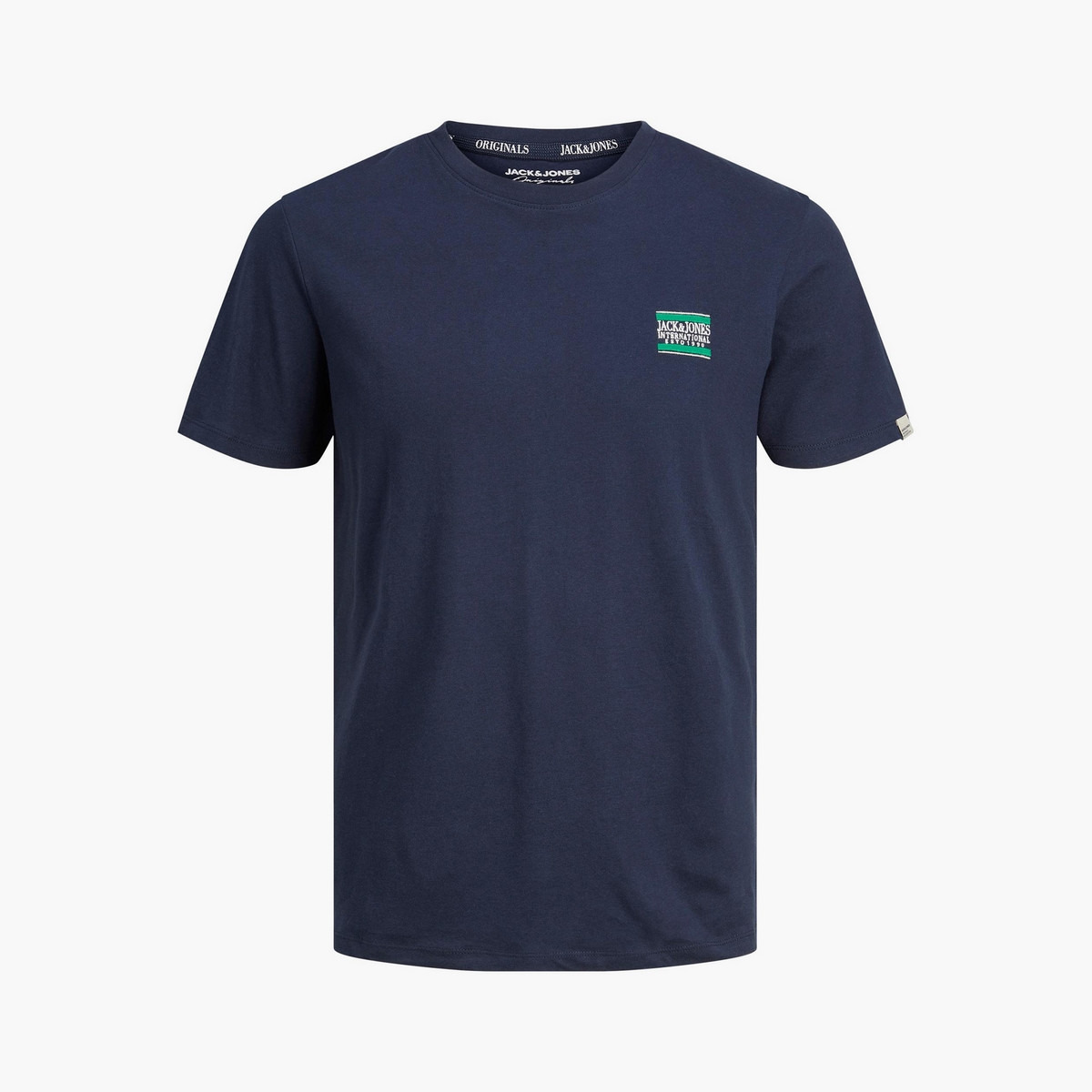 تي شيرت رجالي من جاك آند جونز بأكمام قصيرة و ياقة مستديرة مع شعار أزرق كحلي-men-clothing-tshirtsandpolos-tshirts-image-1