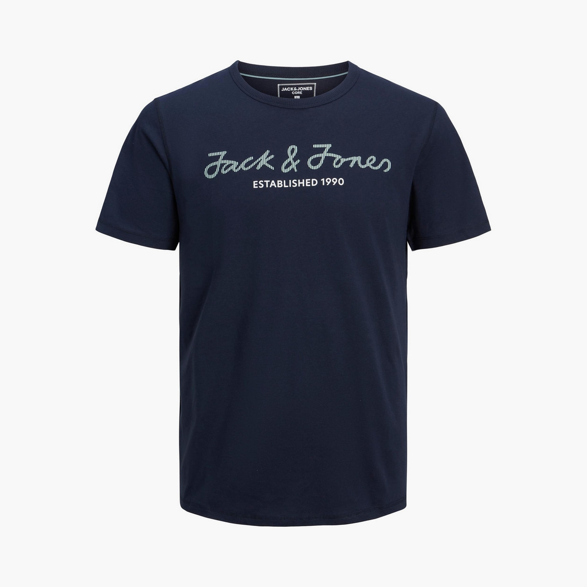 تي شيرت رجالي من جاك آند جونز بأكمام قصيرة و ياقة مستديرة و مطبوع مع لون أزرق كحلي-men-clothing-tshirtsandpolos-tshirts-image-1