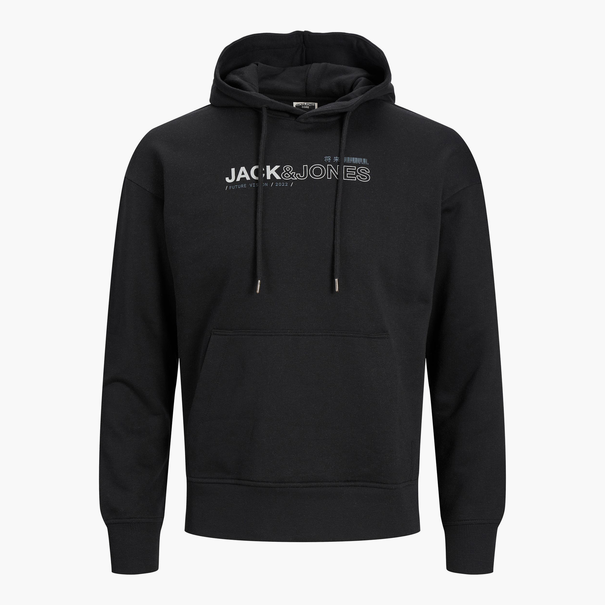 هودي جاك آند جونز بجيب كانغارو مطبوع بلون اسود للرجال-men-winterwear-hoodiesandsweatshirts-image-1