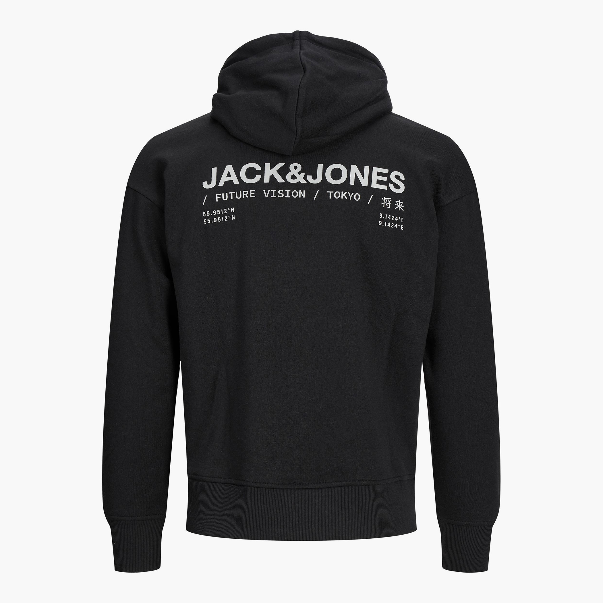 هودي جاك آند جونز بجيب كانغارو مطبوع بلون اسود للرجال-men-winterwear-hoodiesandsweatshirts-image-2