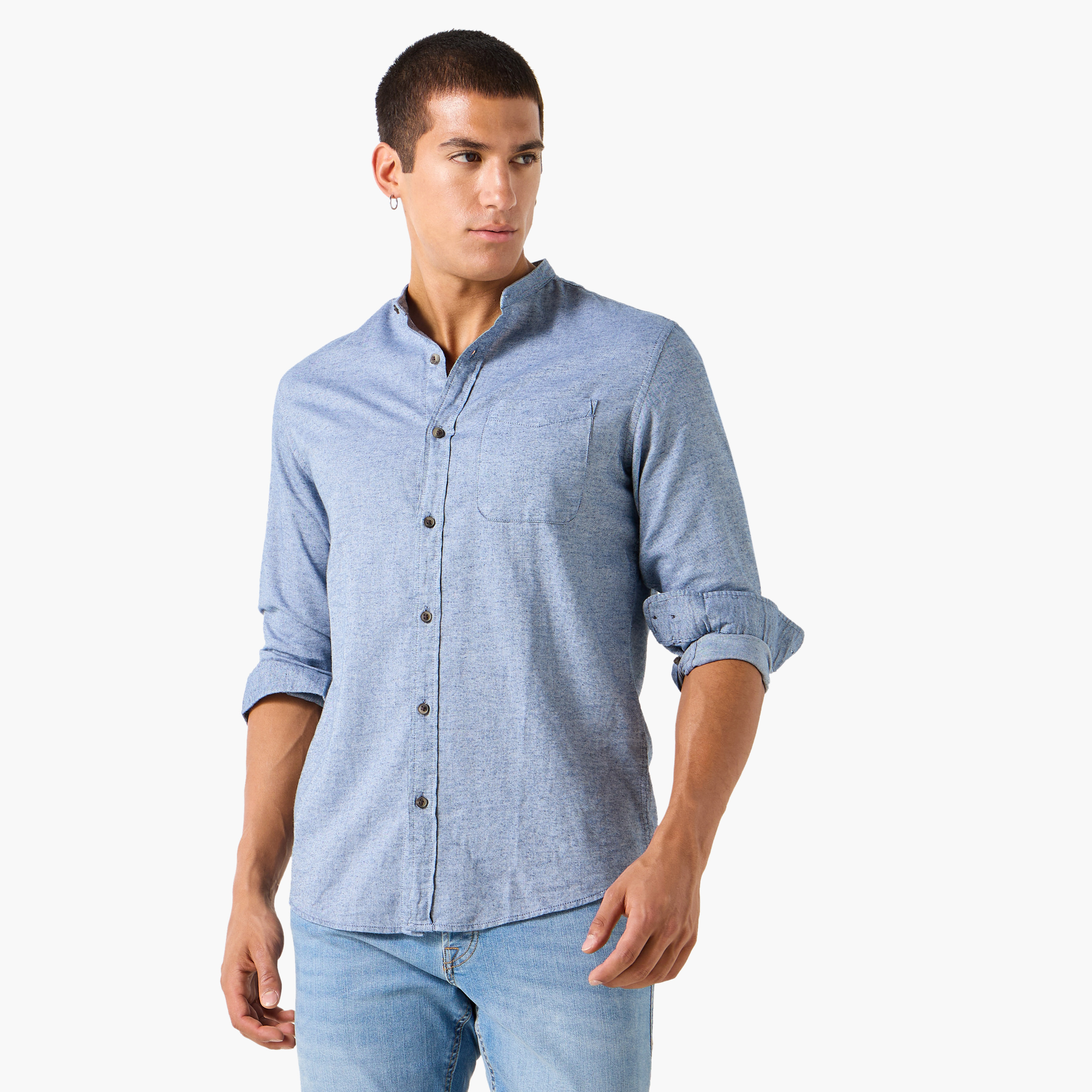 Jack & Jones Solid Mandarin Collar Shirt with Long Sleeves and Pocket-men-clothing-shirts-image-1