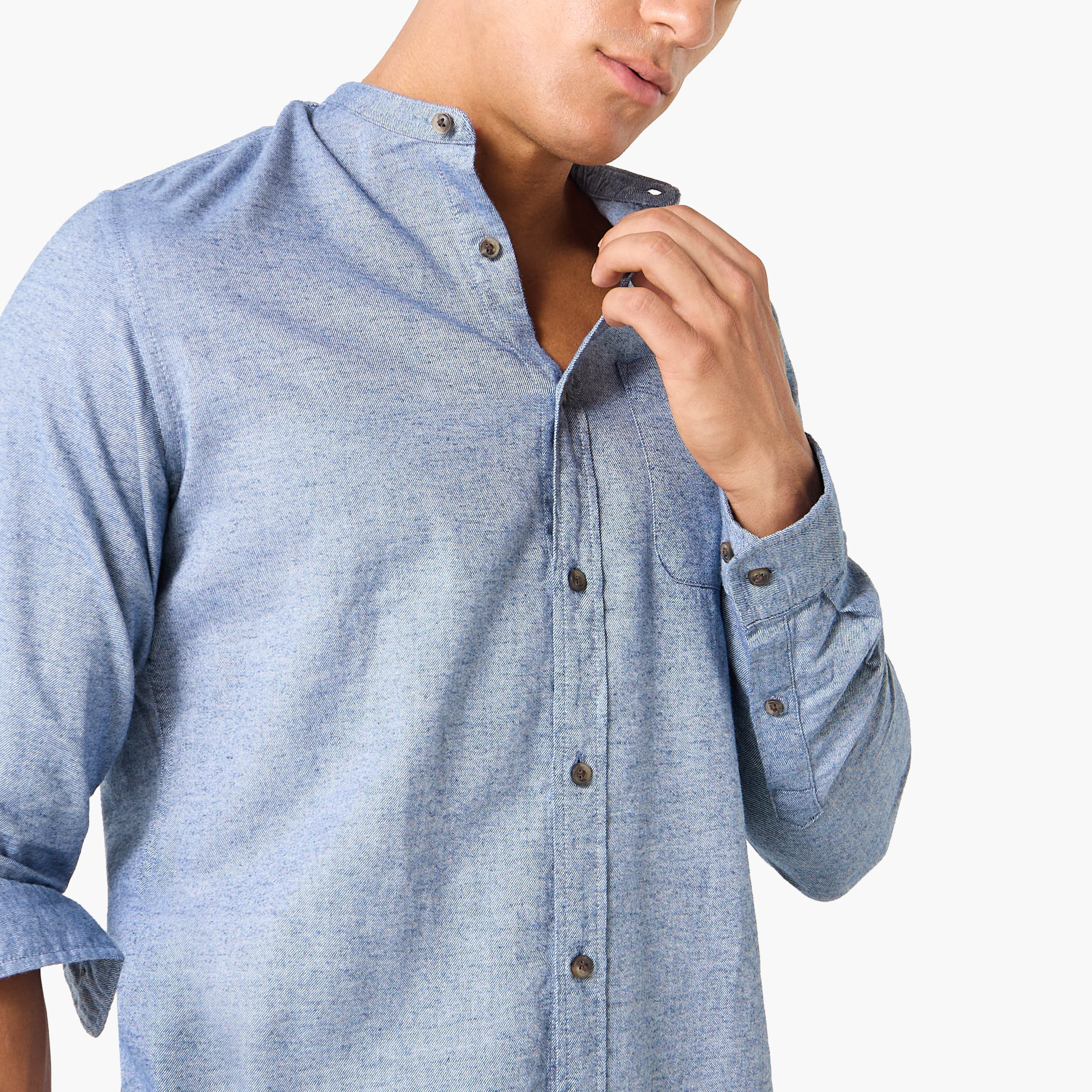 Jack & Jones Solid Mandarin Collar Shirt with Long Sleeves and Pocket-men-clothing-shirts-image-4