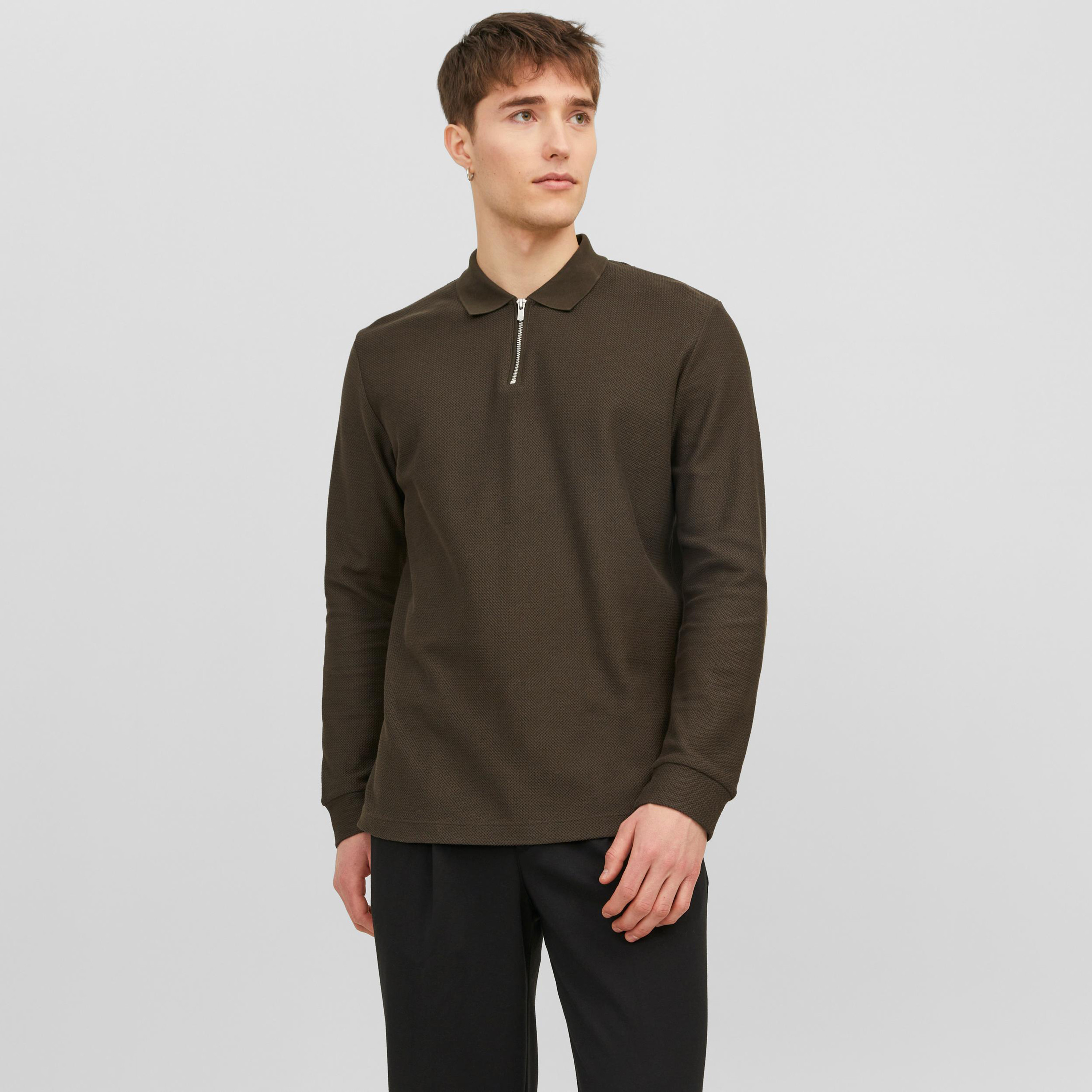 Jack & Jones Textured Long Sleeves Polo T-Shirt with Zip Closure-men-clothing-tshirtsandpolos-polos-image-1