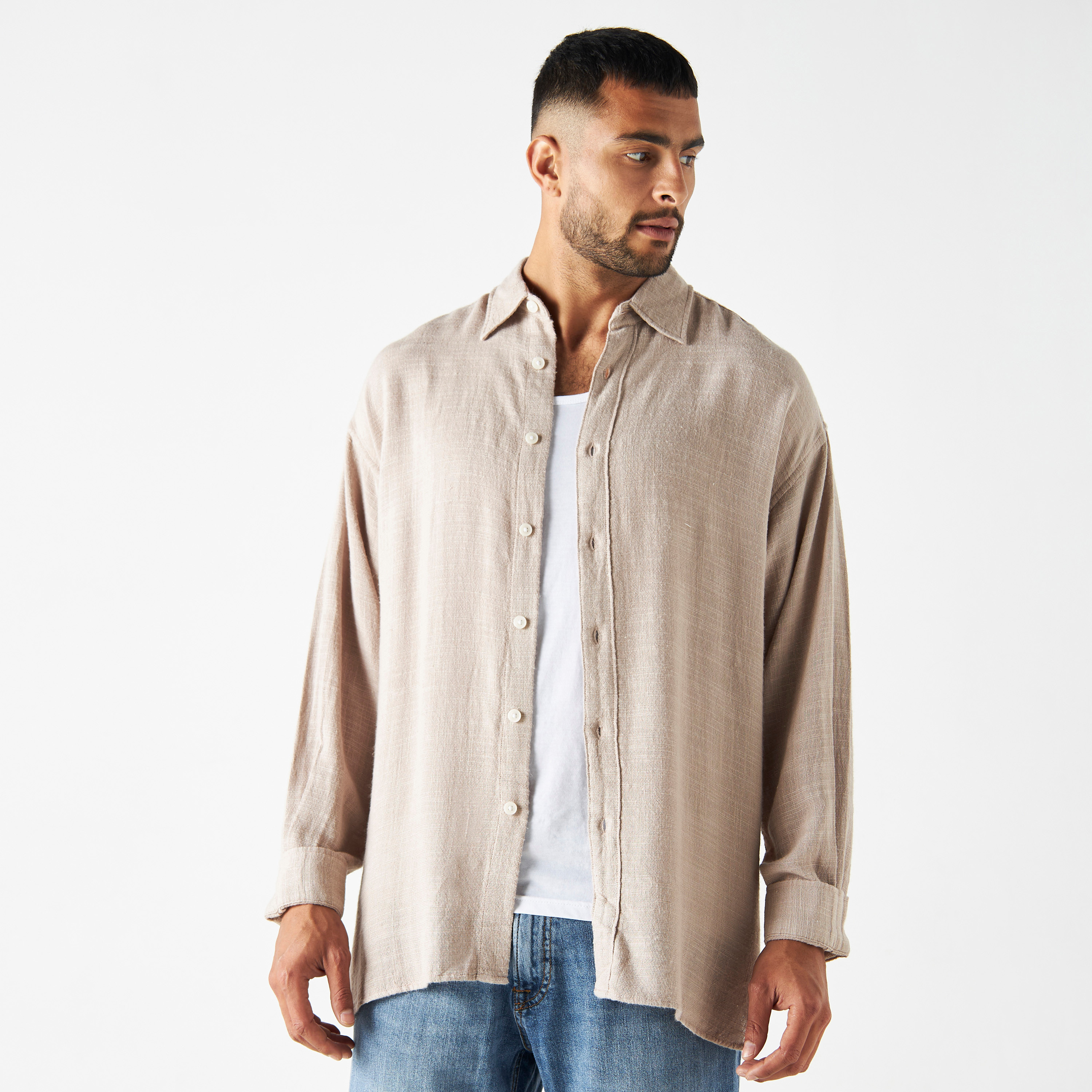 Jack & Jones Textured Spread Collar Long Sleeves Oversized Slub Shirt-men-clothing-shirts-image-1